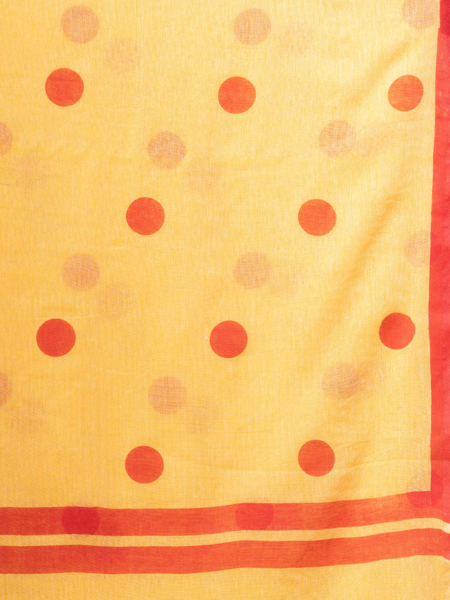 Women's Yellow Cotton Saree With All Over Red Polka Dots - In Weave Sarees