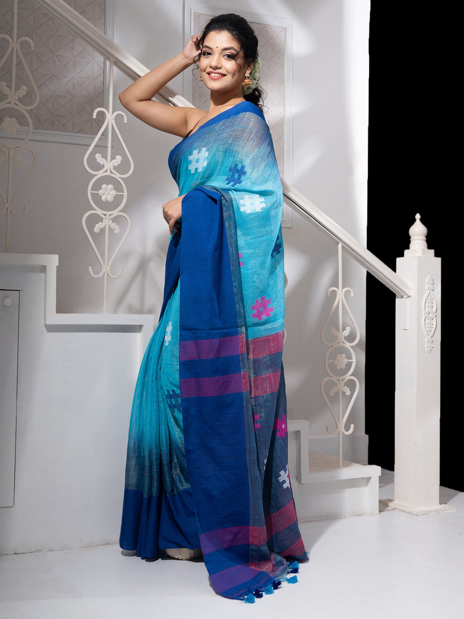 Women's Sky Blue Tissue Khadi Handloom Saree With Multicolor Butta Work - In Weave Sarees