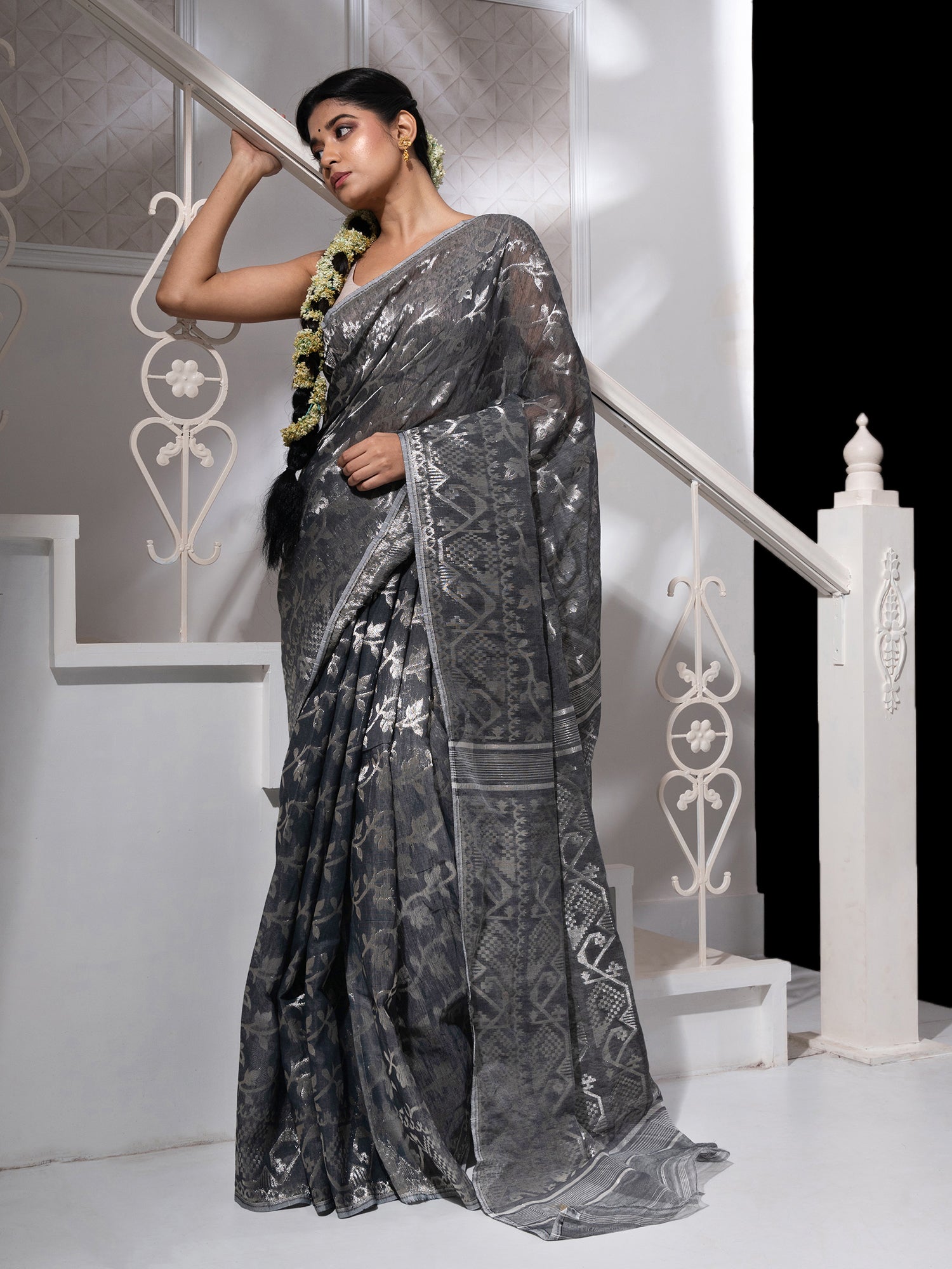 Women's Deep Grey Jamdani Saree With All Over Silver Zari Work - In Weave Sarees
