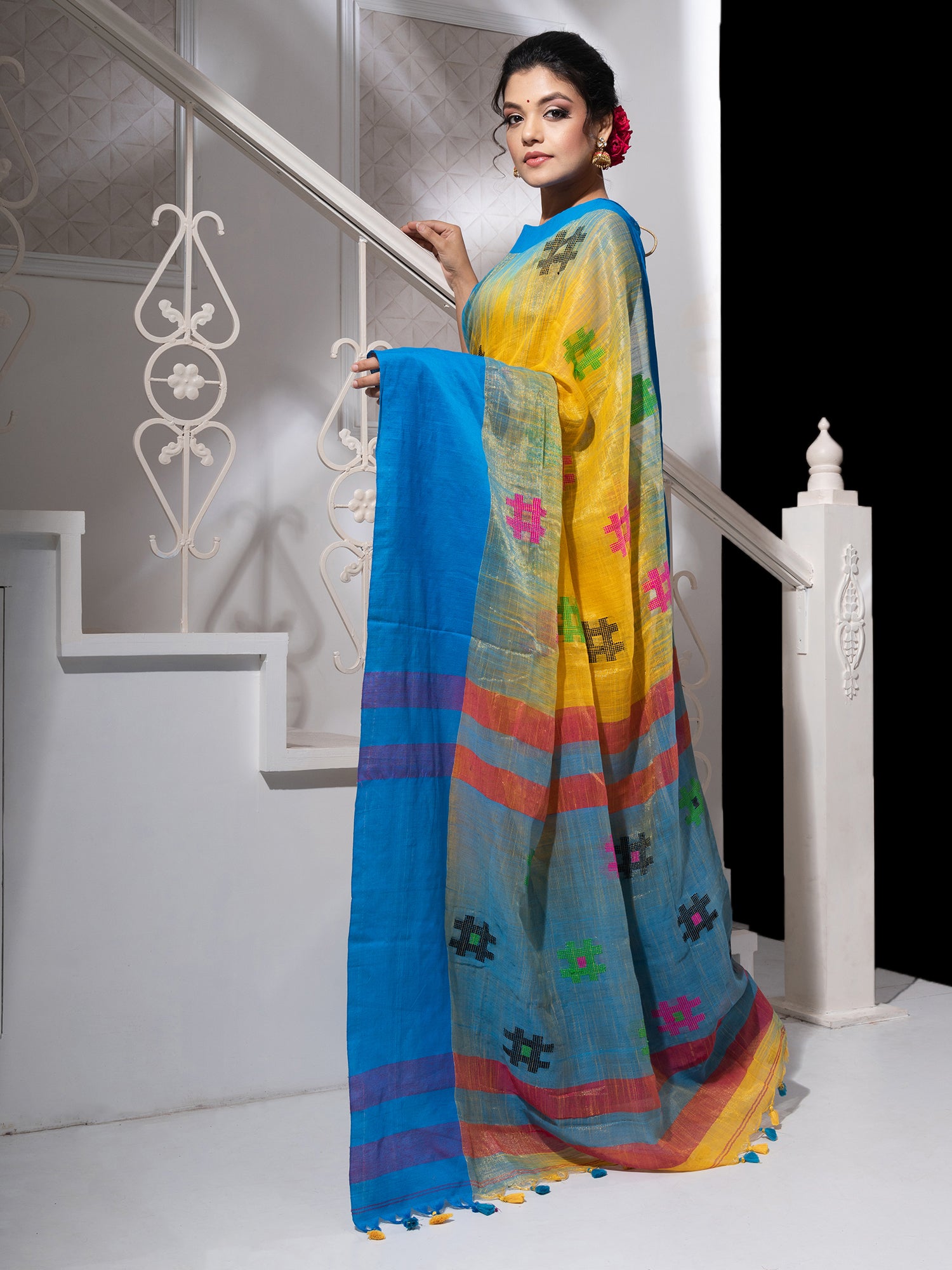 Women's Yellow Tissue Khadi Handloom Saree With Multicolor Butta Work - In Weave Sarees