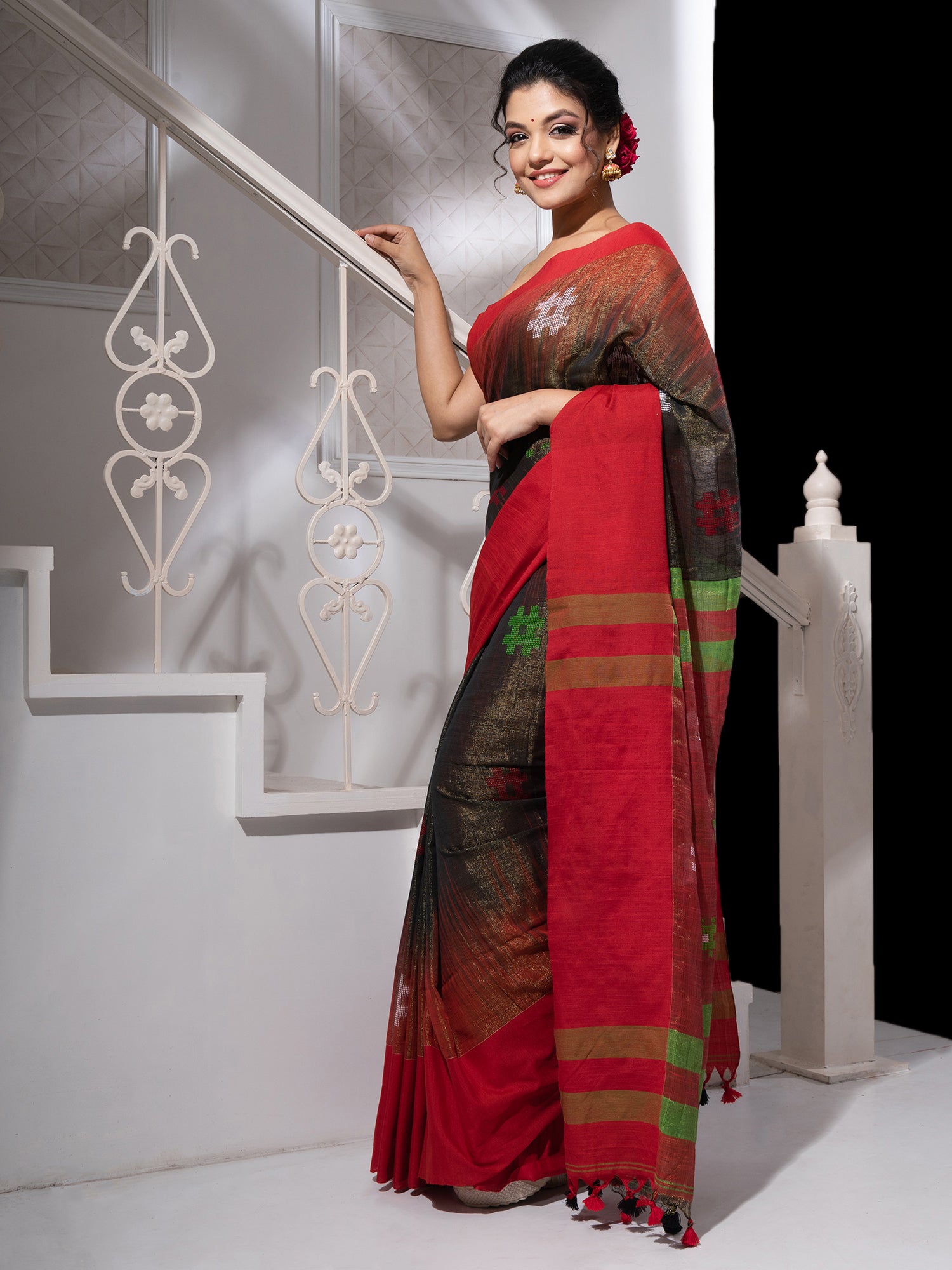 Women's Black Tissue Khadi Handloom Saree With Multicolor Butta Work - In Weave Sarees