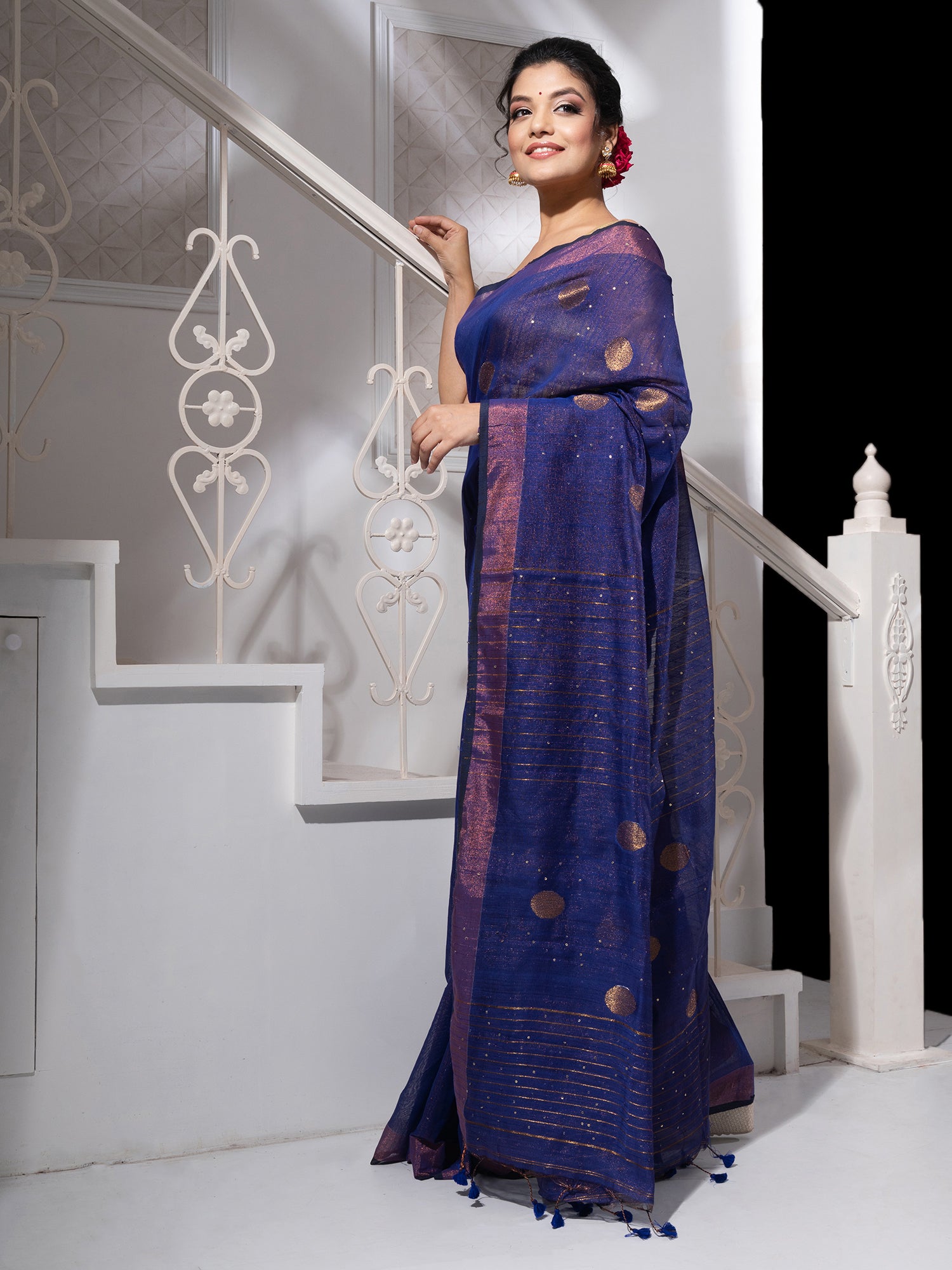Women's Royal Blue  Sequin Handloom Saree With Copper Zari Border - In Weave Sarees