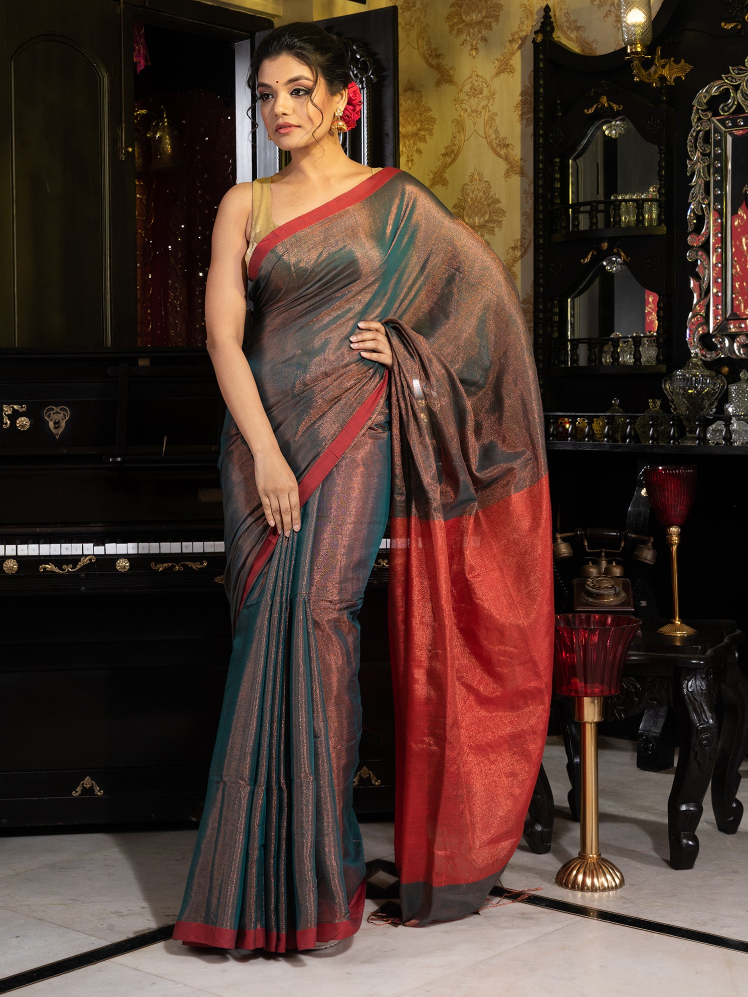 Women's Shadow Grey Tissue Woven Handloom Saree With Red Pallu - In Weave Sarees
