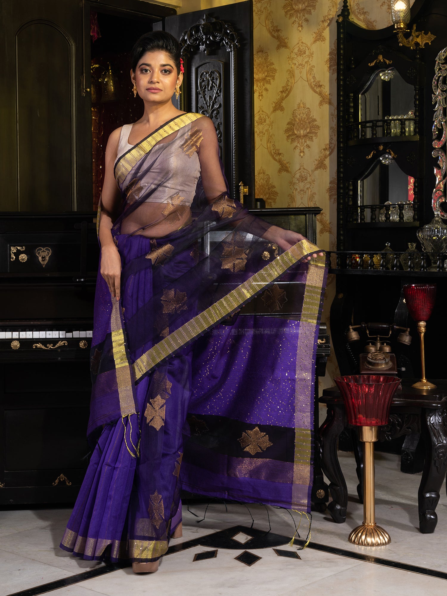Women's Purple Woven Designed Silk Saree With Golden Flower Motif Work - In Weave Sarees