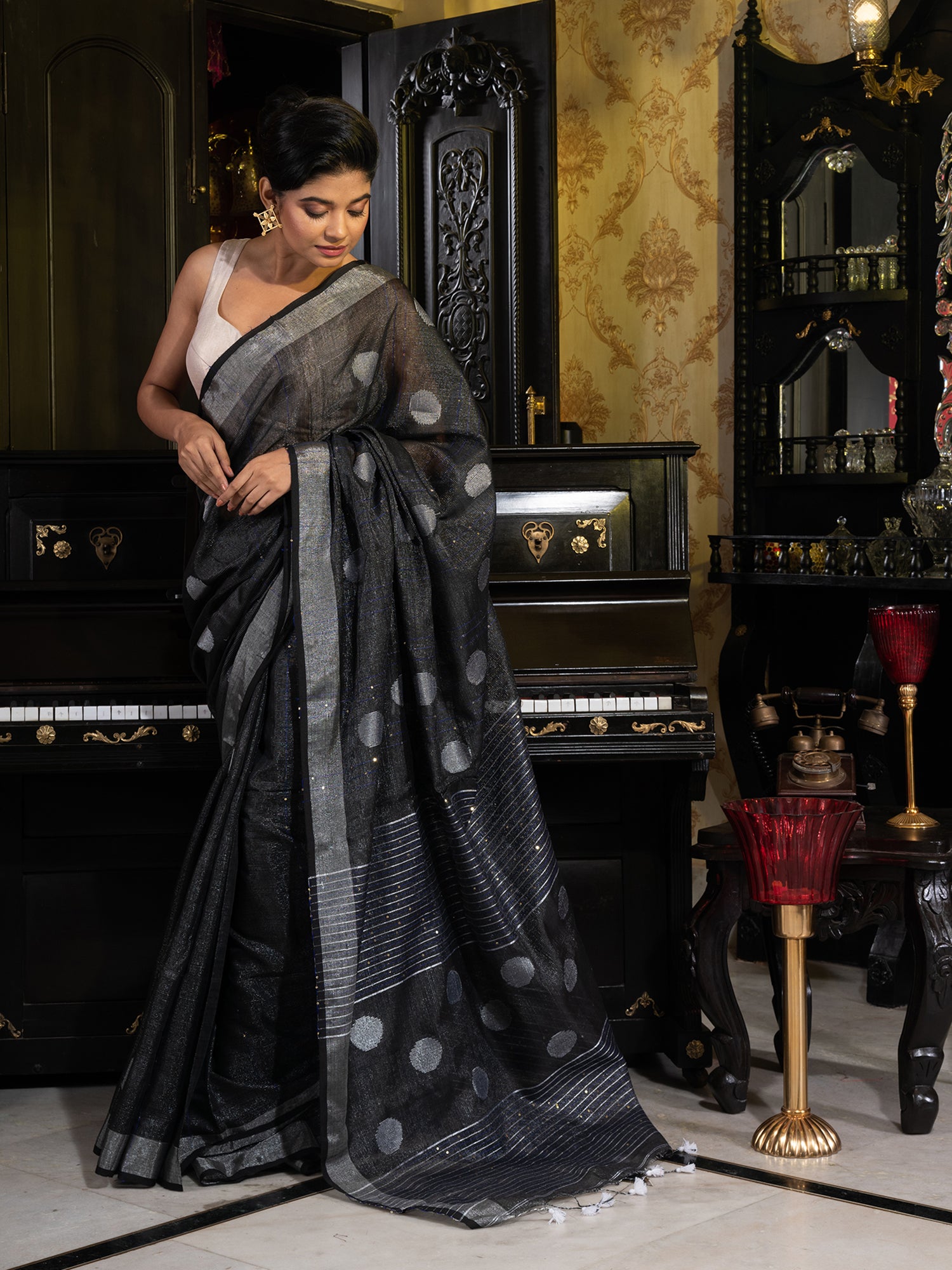 Women's Black  Sequin Handloom Saree With Silver Zari Border - In Weave Sarees
