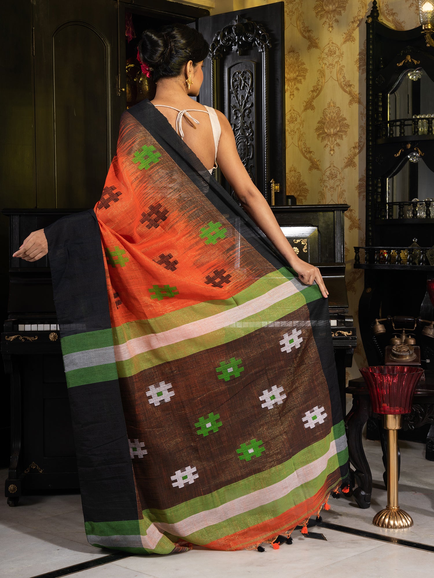 Women's Orange Tissue Khadi Handloom Saree With Multicolor Butta Work - In Weave Sarees