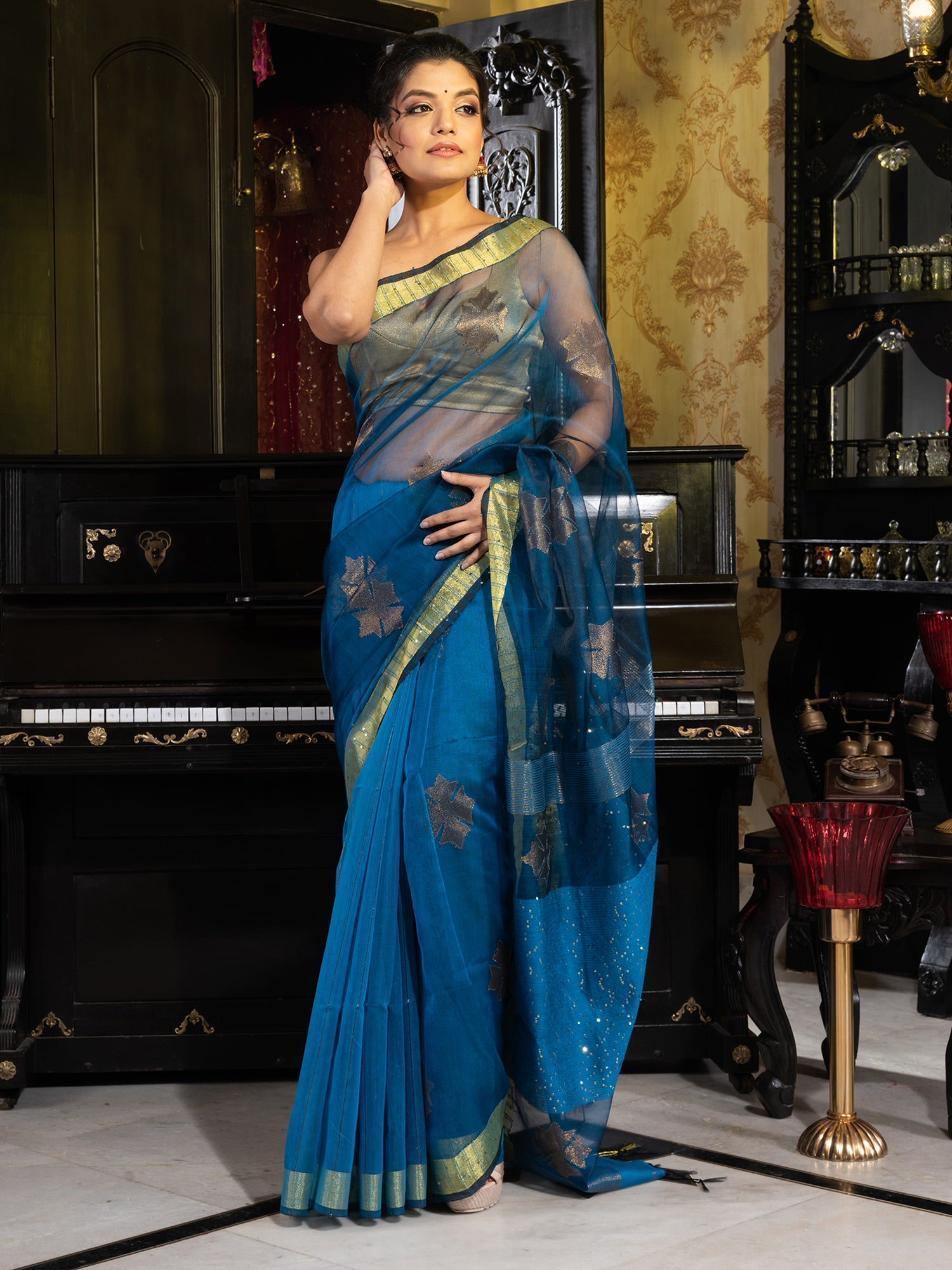 Women's Teal Blue Woven Designed Silk Saree With Golden Flower Motif Work - In Weave Sarees