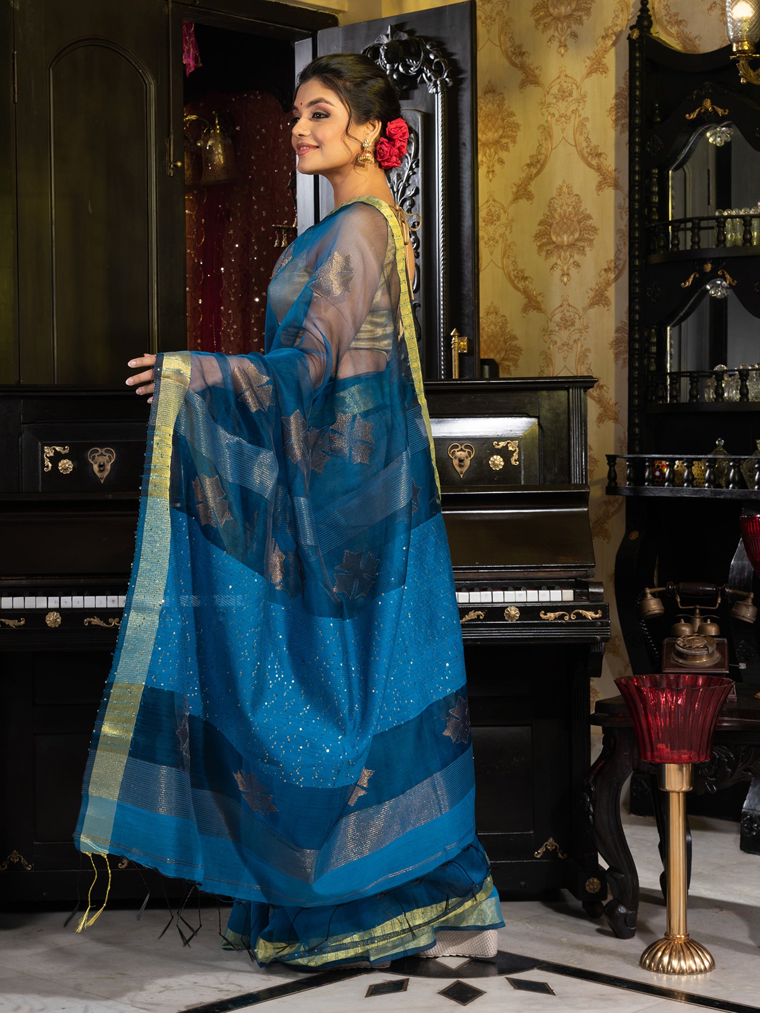 Women's Teal Blue Woven Designed Silk Saree With Golden Flower Motif Work - In Weave Sarees