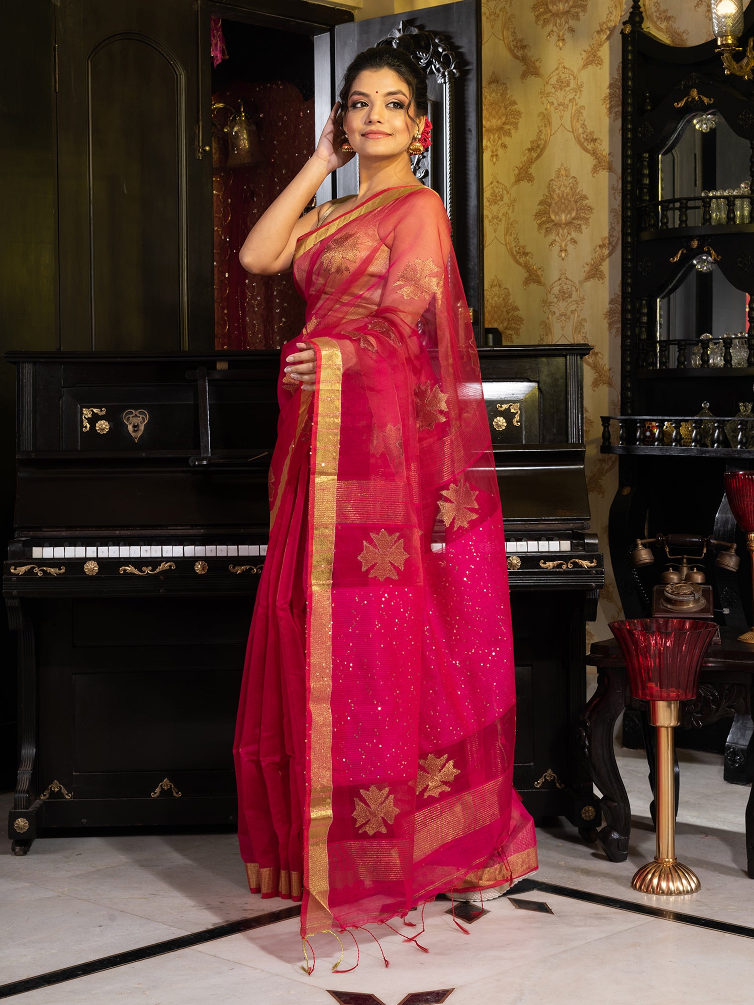Women's Deep Rani Woven Designed Silk Saree With Golden Flower Motif Work - In Weave Sarees