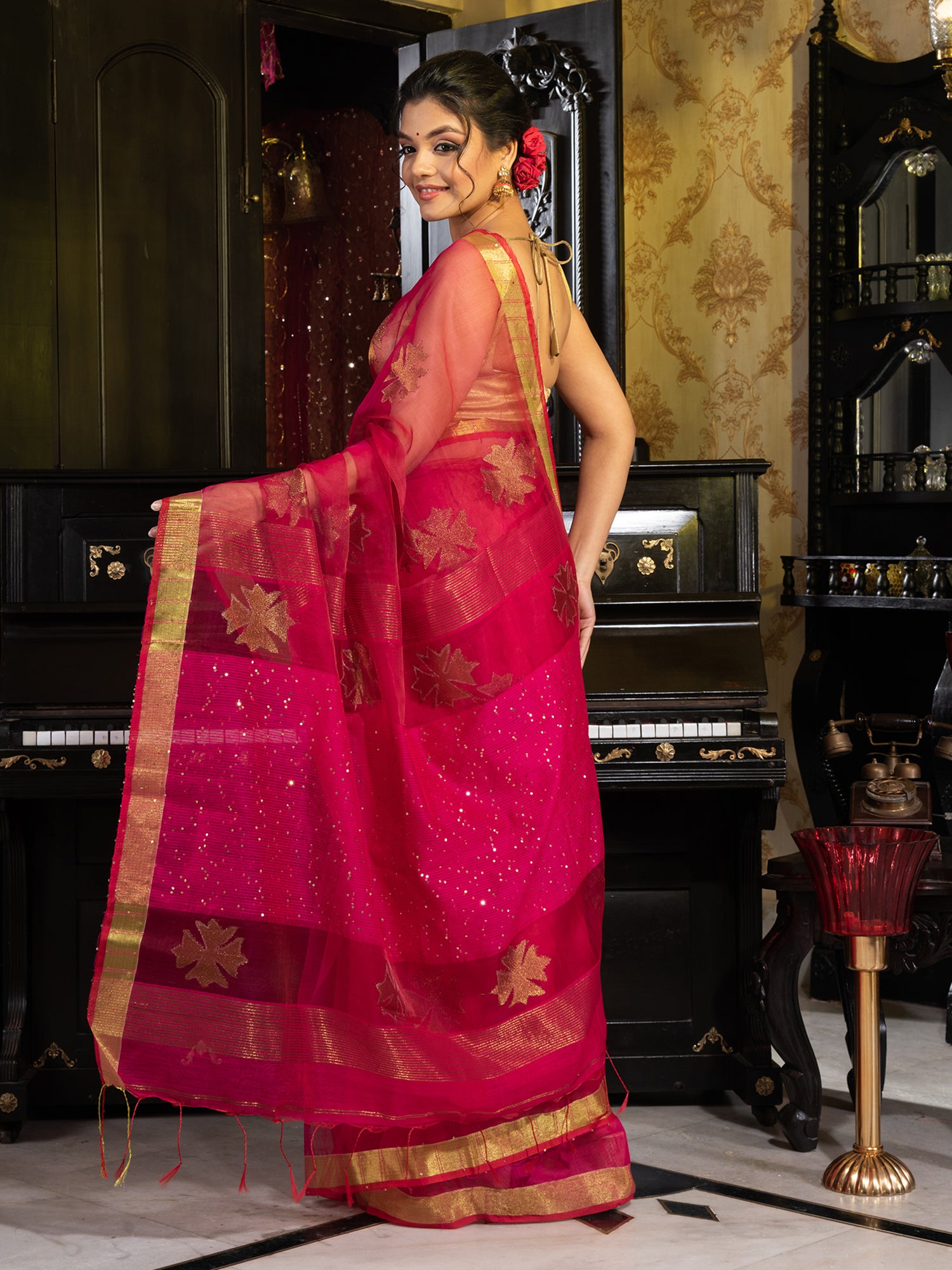 Women's Deep Rani Woven Designed Silk Saree With Golden Flower Motif Work - In Weave Sarees