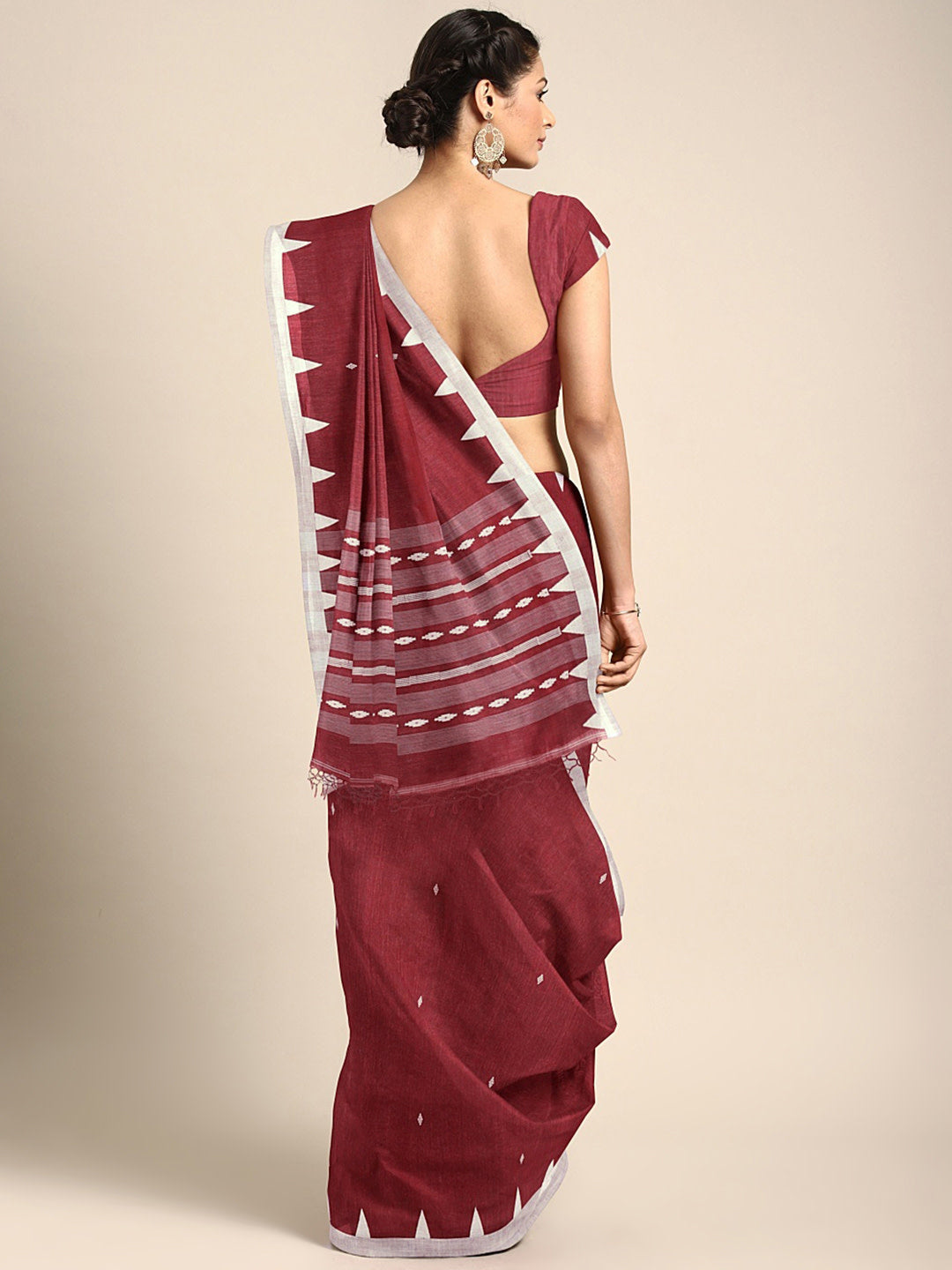 Women's Red handwoven Cotton Linen Saree - Sajasajo