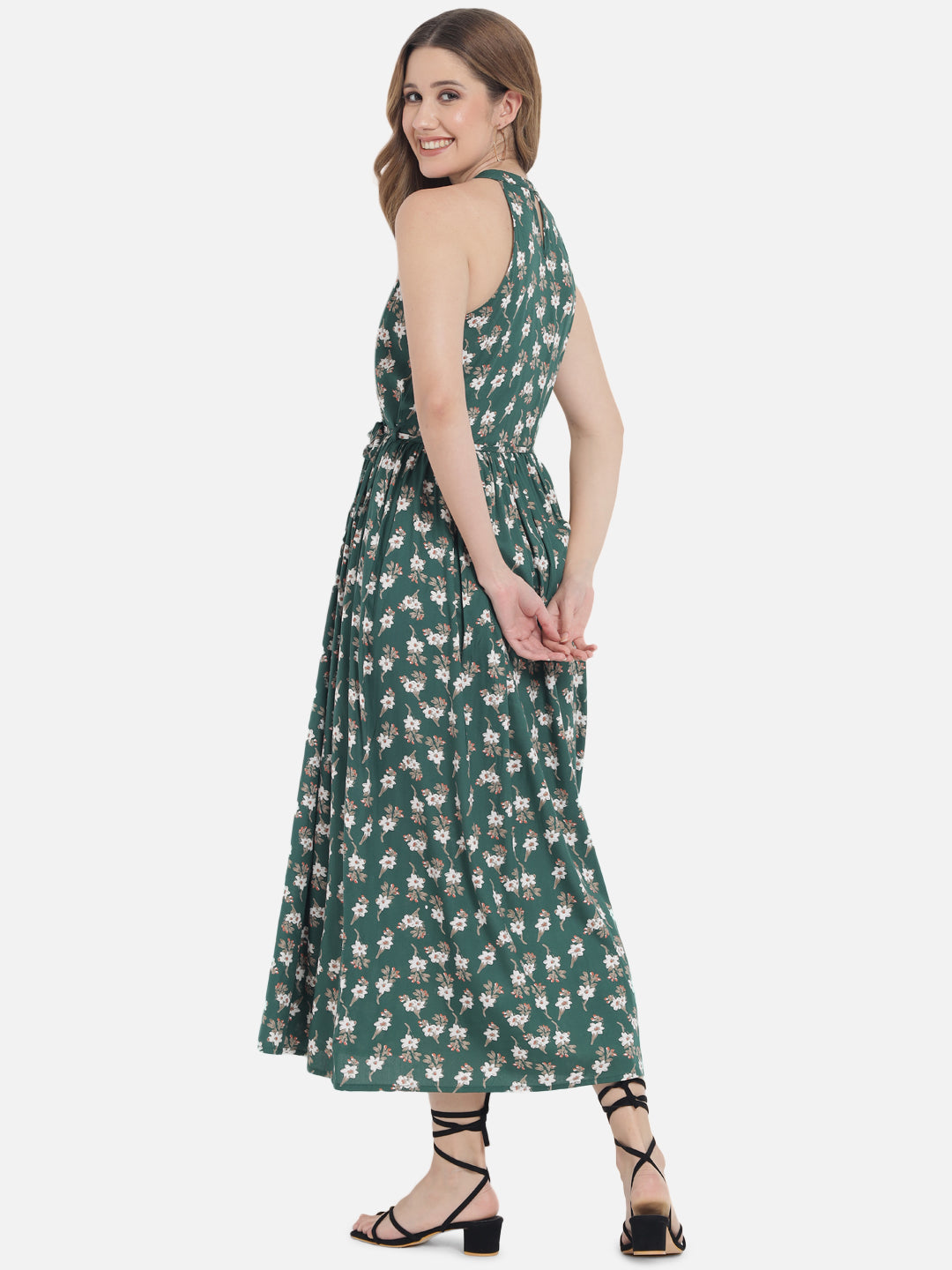 Women's Green and white Printed Sleeveless maxi Dress - Meeranshi