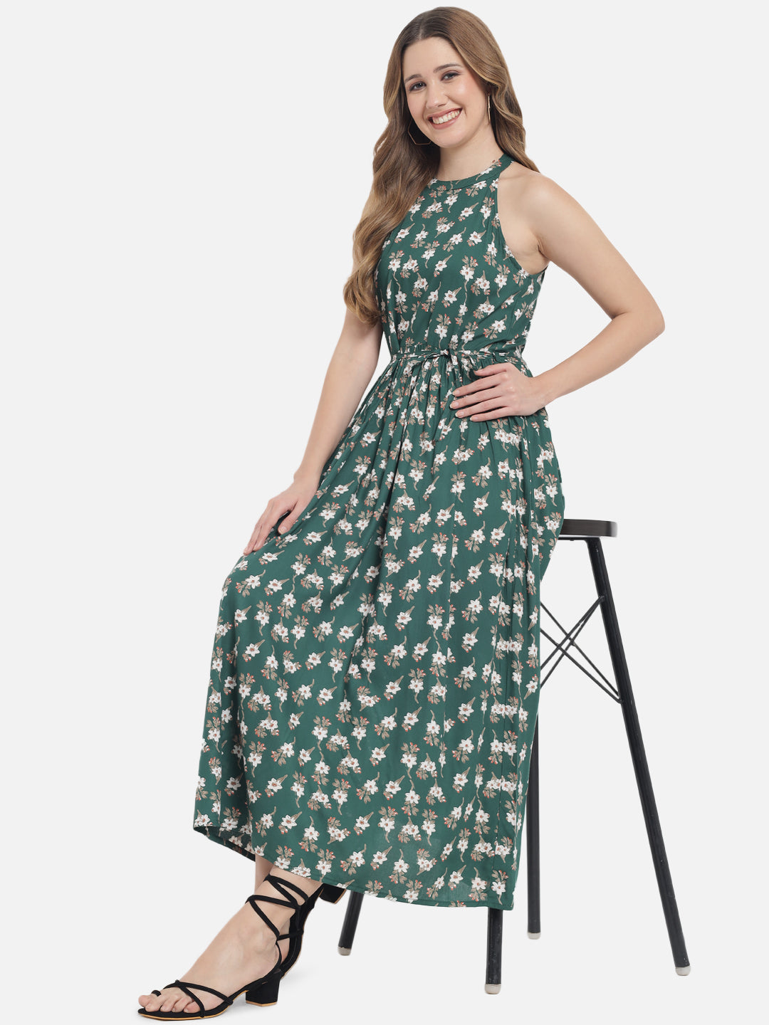 Women's Green and white Printed Sleeveless maxi Dress - Meeranshi