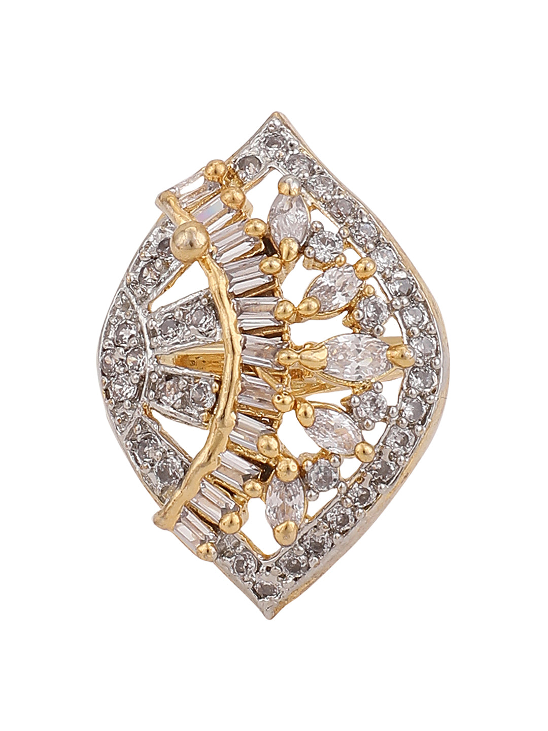 Women's Gold Plated White American Diamond Studded Adjustable Cocktail Ring - Anikas Creation