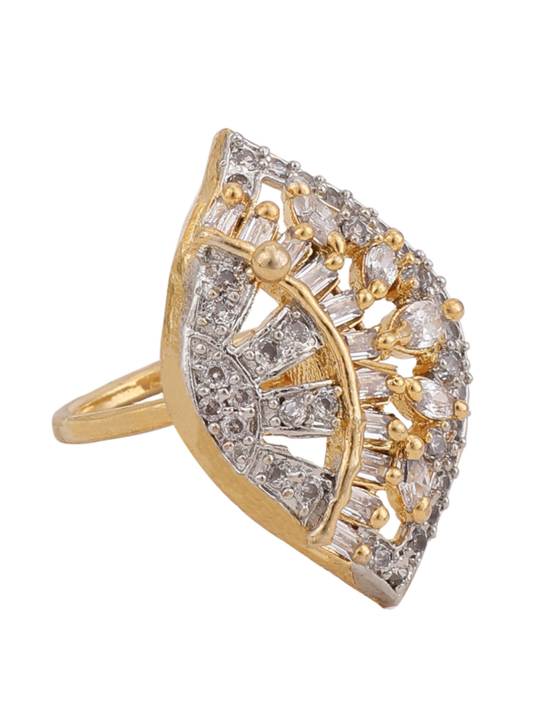 Women's Gold Plated White American Diamond Studded Adjustable Cocktail Ring - Anikas Creation