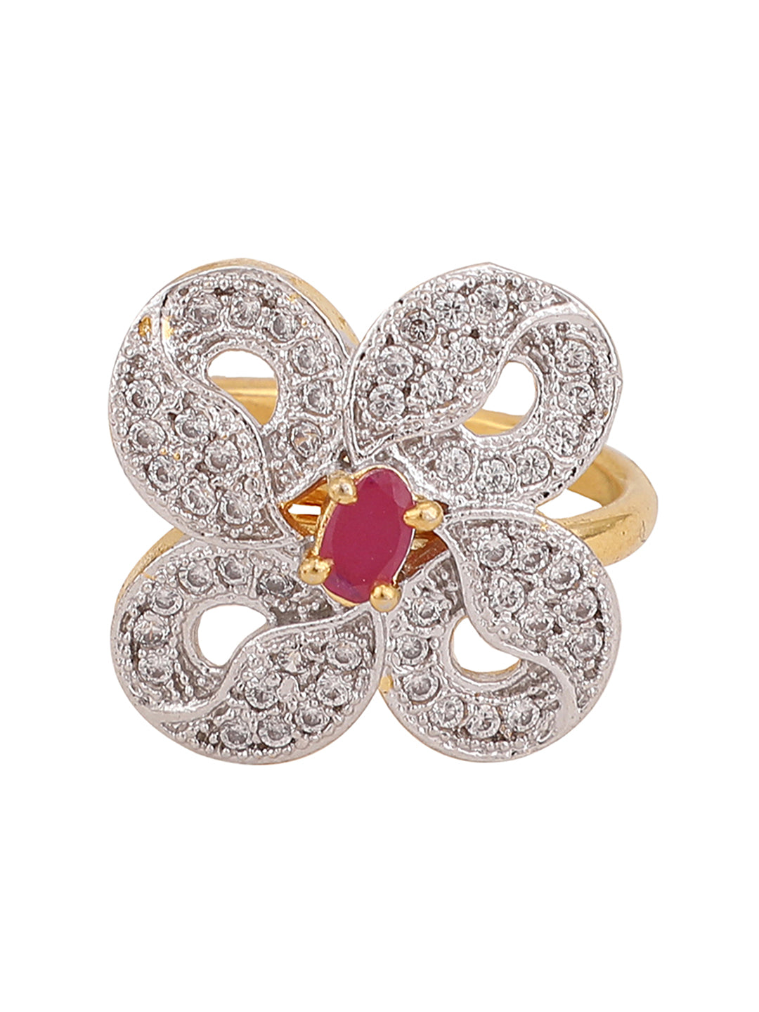 Women's White And Magenta American Diamond Studded Floral Motif Cocktail Ring - Anikas Creation