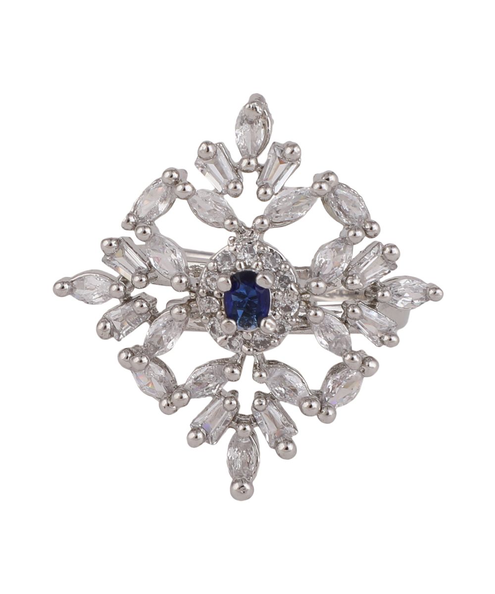 Women's Silver Plated American Diamond Blue Stone Diamond Shaped Statement Ring - MODE MANIA