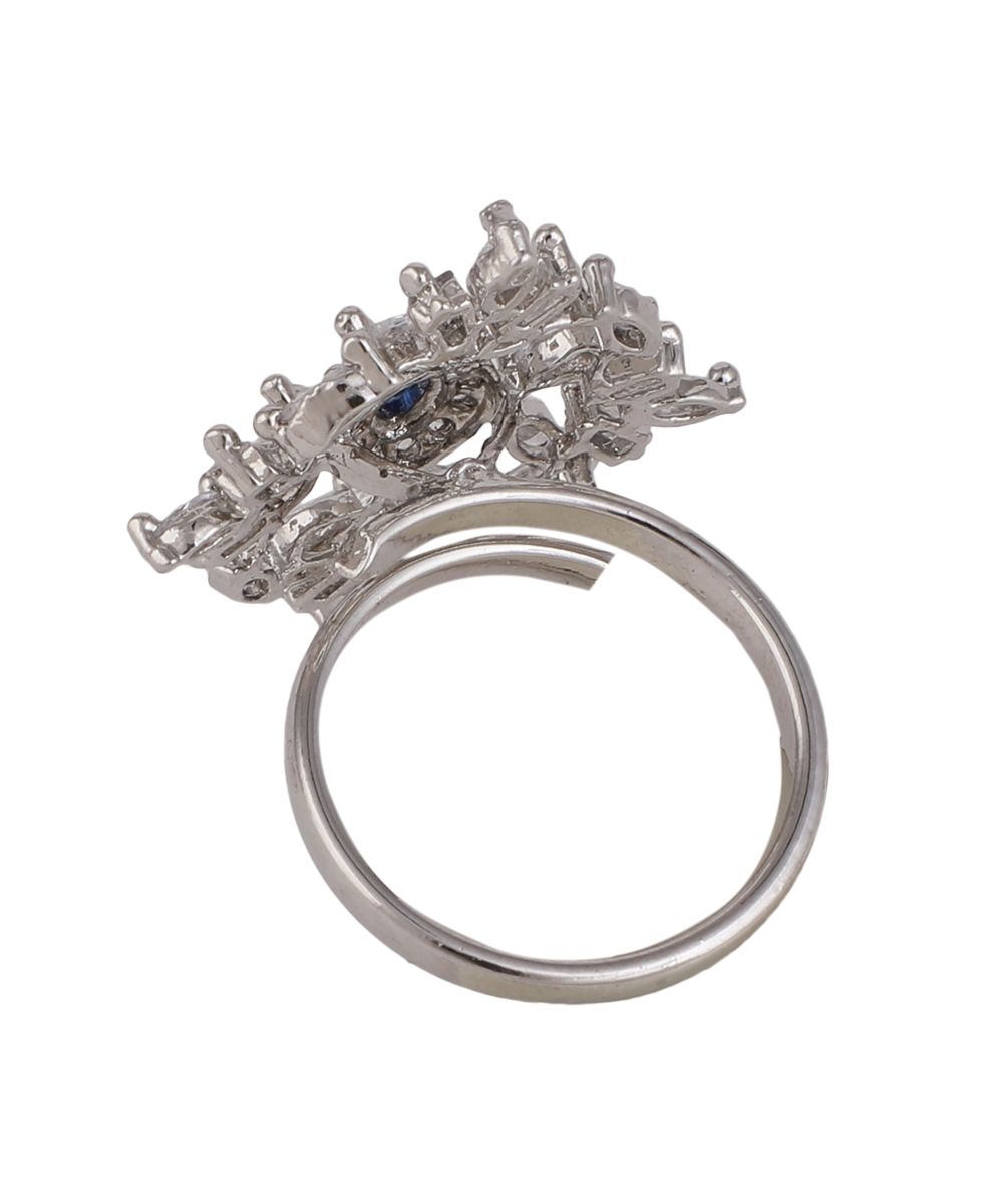 Women's Silver Plated American Diamond Blue Stone Diamond Shaped Statement Ring - MODE MANIA