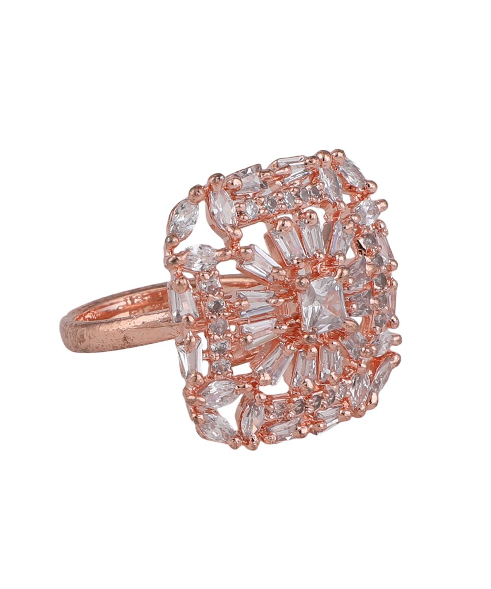 Women's American Diamond Studded Rose Gold Square shaped Statement Cocktail Ring - MODE MANIA
