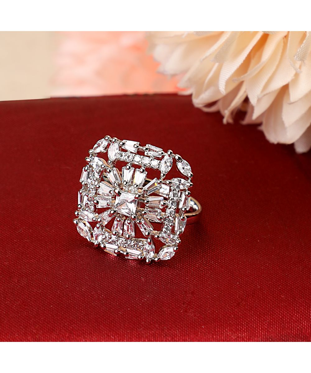 Women's American Diamond Studded Silver plated Square shaped Statement Cocktail Ring - MODE MANIA