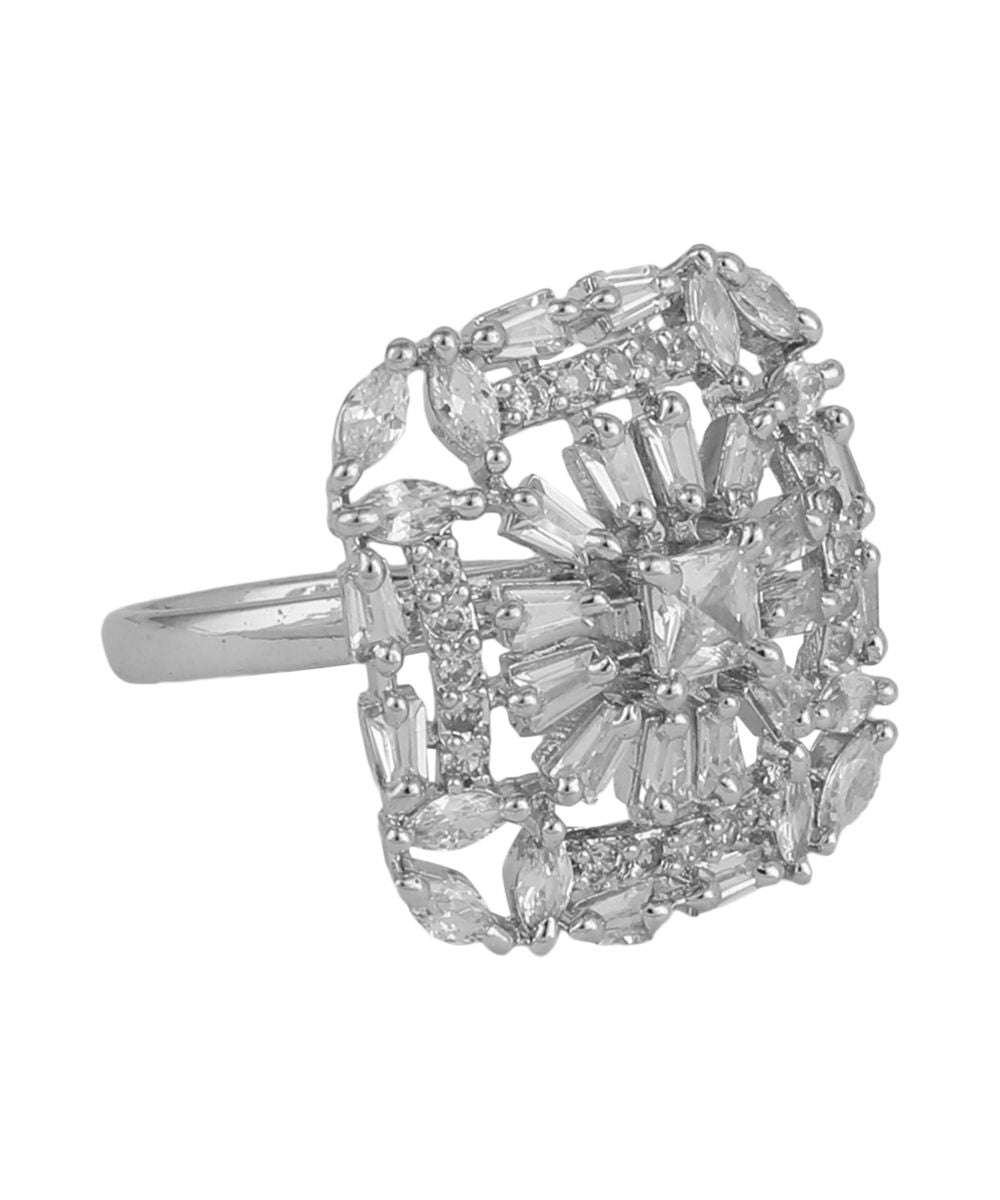 Women's American Diamond Studded Silver plated Square shaped Statement Cocktail Ring - MODE MANIA