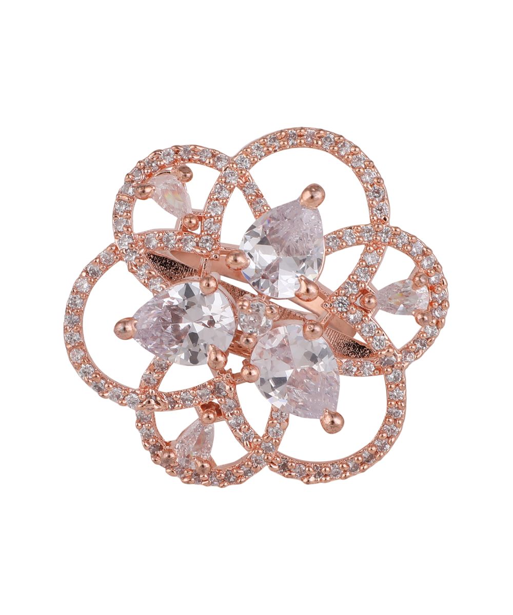 Women's Rose Gold American Diamond Studded Floral Shaped Statement Cocktail Ring - MODE MANIA
