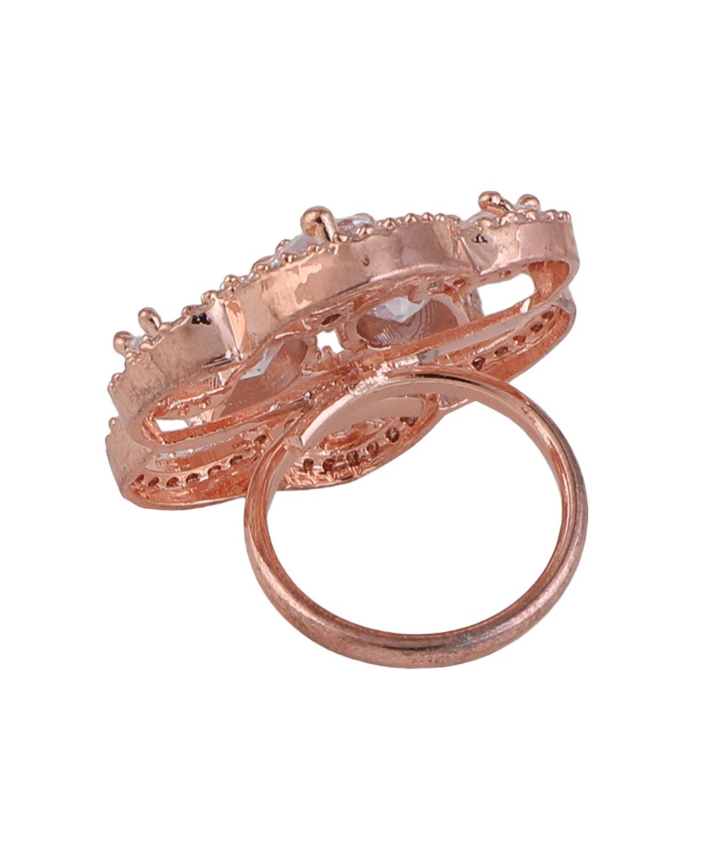 Women's Rose Gold American Diamond Studded Floral Shaped Statement Cocktail Ring - MODE MANIA