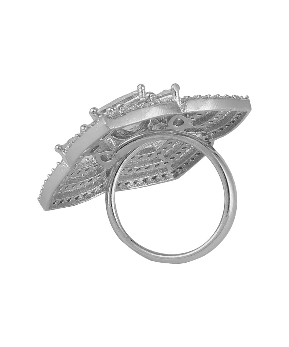Women's Silver Plated American Diamond Studded Symmentrical Shaped Statement Cocktail Ring - MODE MANIA