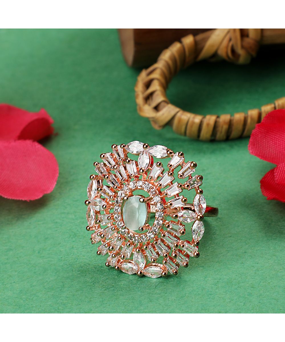 Women's American Diamond Studded Rose Gold with Green colored Stone Statement Cocktail Ring - MODE MANIA