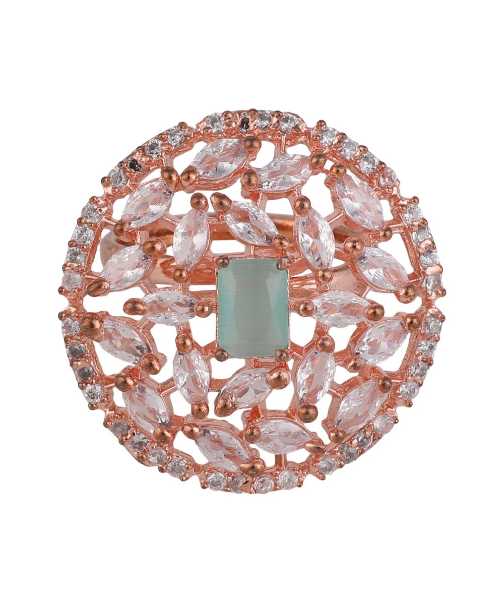 Women's American Diamond Studded Rose Gold with Green colored Stone Statement Cocktail Ring - MODE MANIA