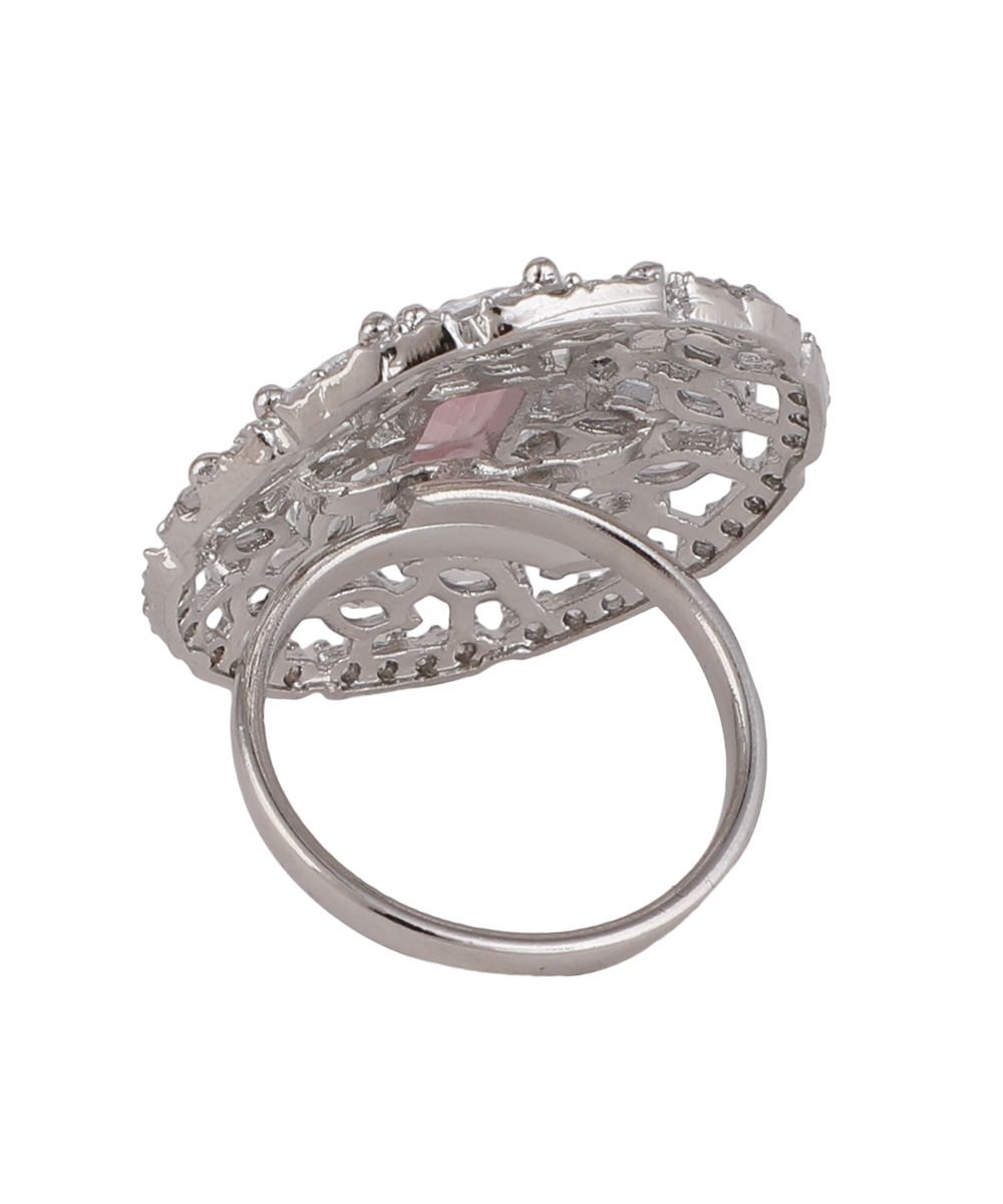 Women's American Diamond Studded Silver with Pink colored Stone Statement Cocktail Ring - MODE MANIA