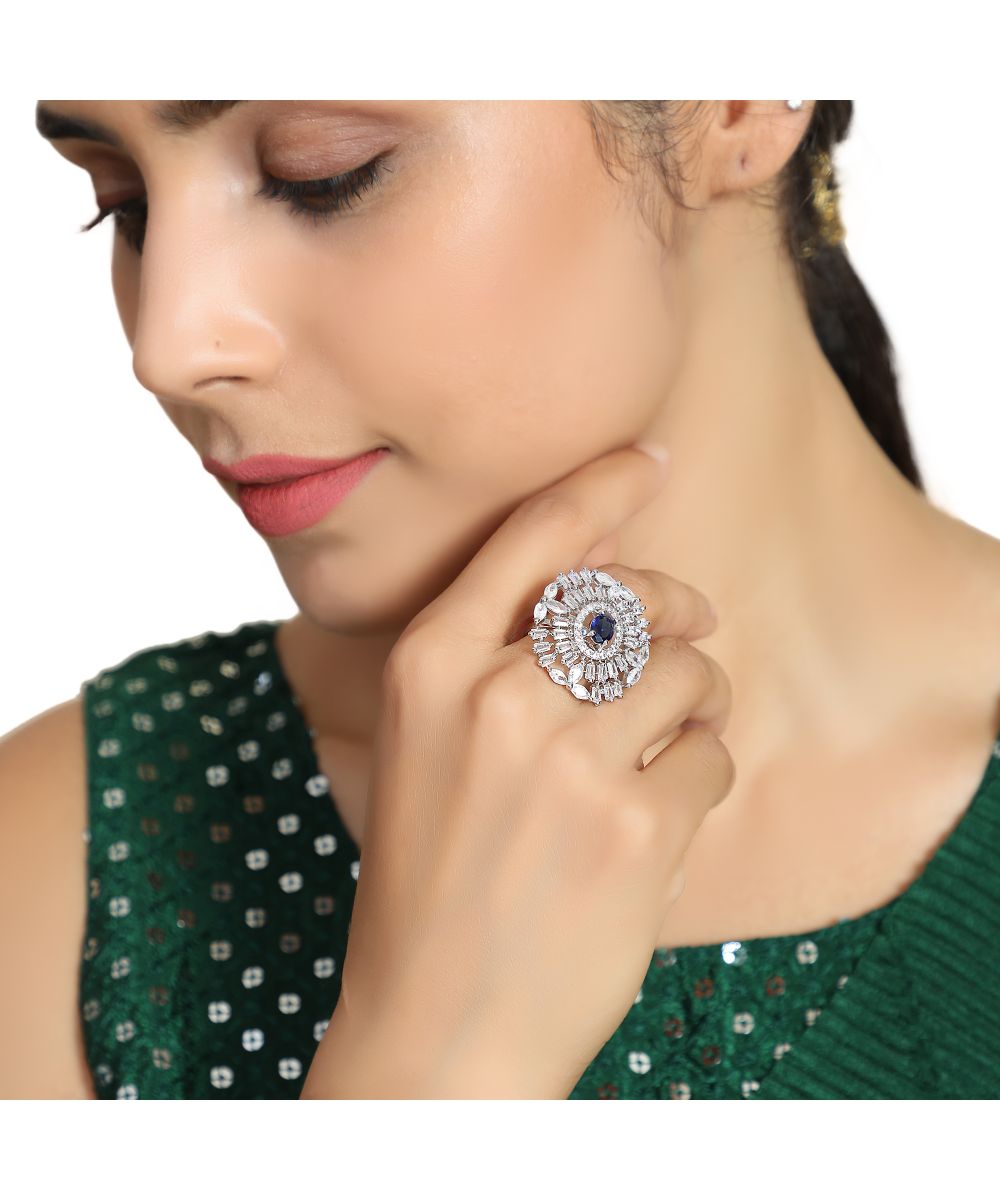 Women's Silver plated American Diamond Studded Floral shaped with Blue colored Stone Statement Cocktail Ring - MODE MANIA
