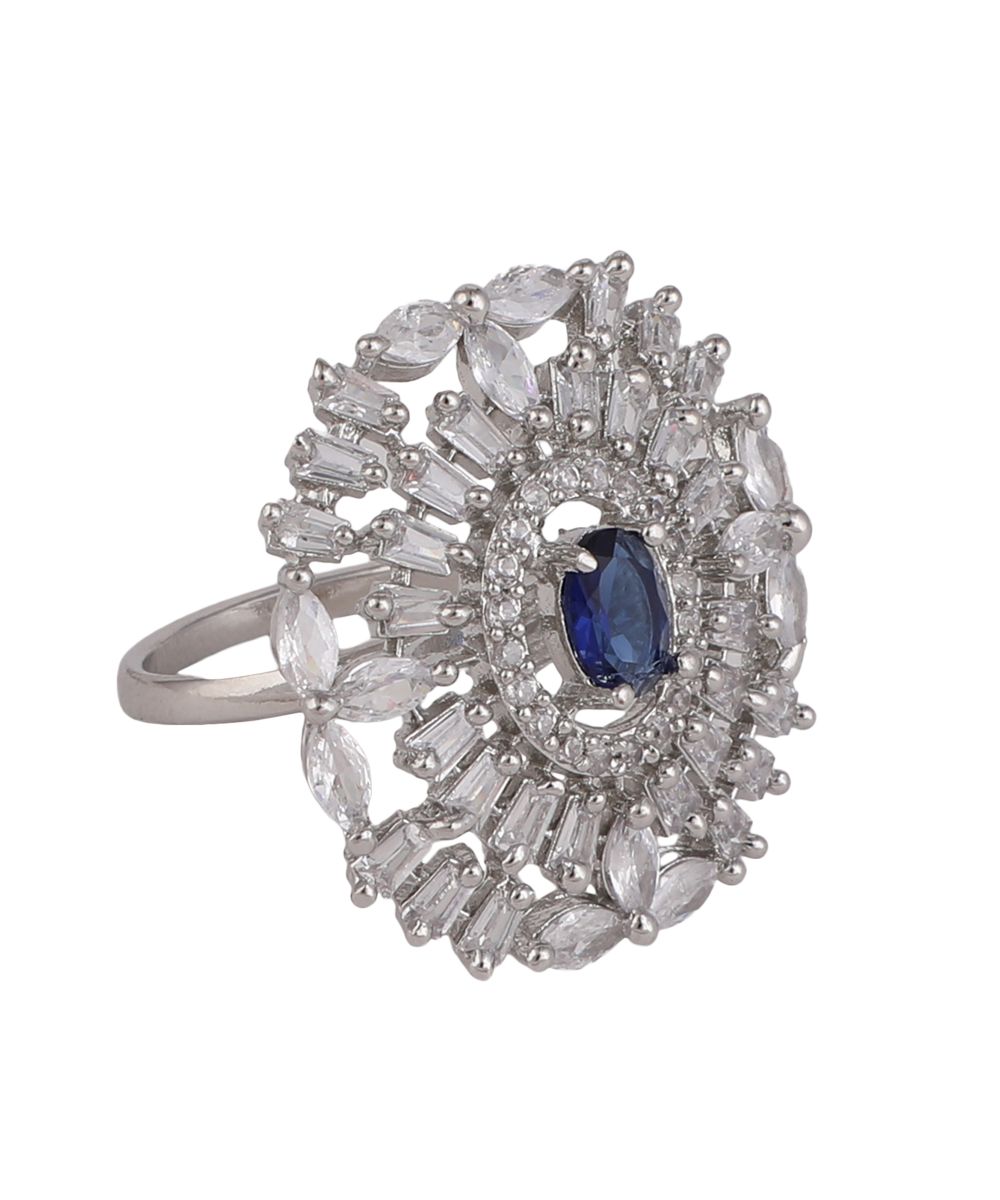Women's Silver plated American Diamond Studded Floral shaped with Blue colored Stone Statement Cocktail Ring - MODE MANIA