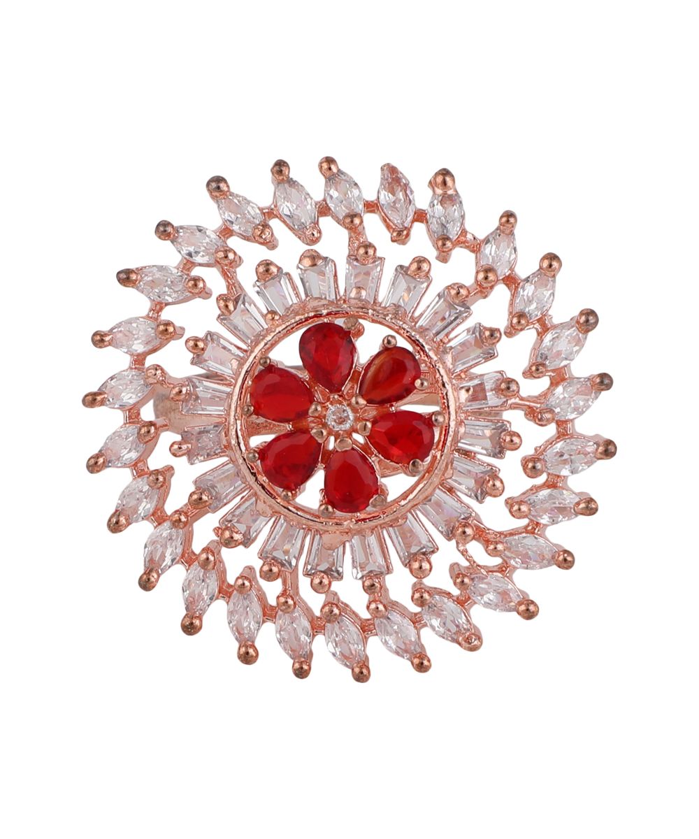 Women's Rose Gold American Diamond Studded Floral shaped with Red colored Ruby Stone Statement Cocktail Ring - MODE MANIA