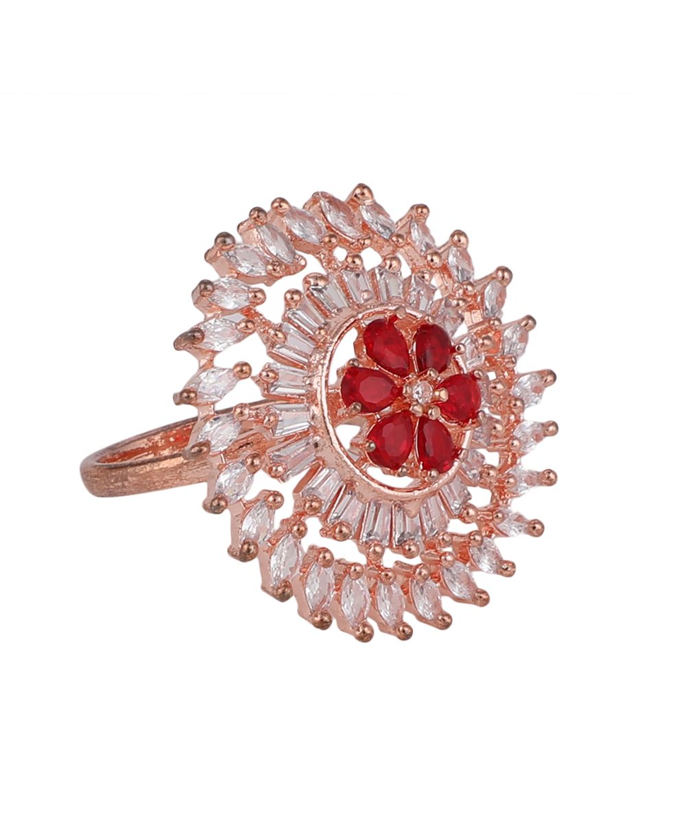 Women's Rose Gold American Diamond Studded Floral shaped with Red colored Ruby Stone Statement Cocktail Ring - MODE MANIA