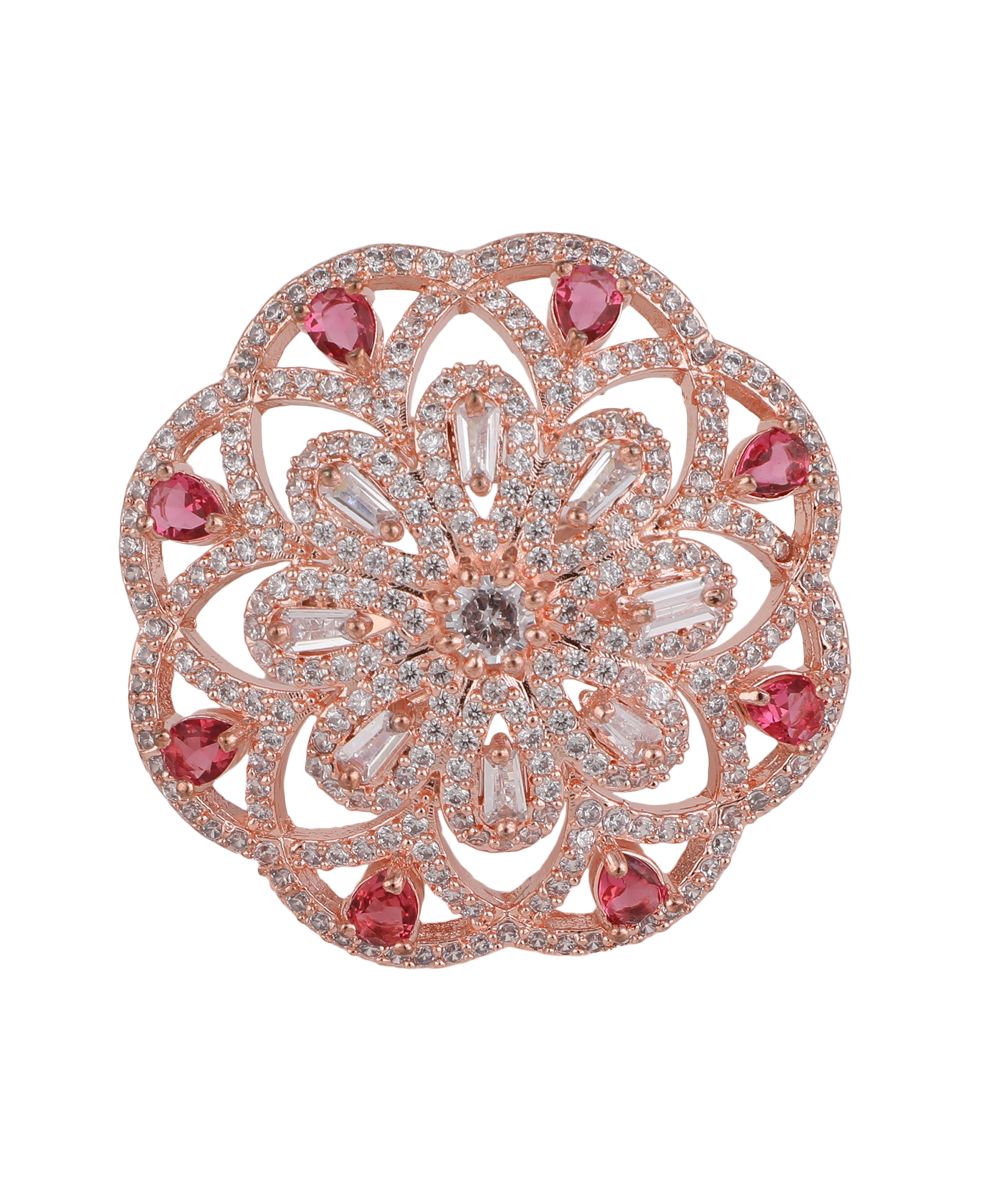Women's Statement American Diamond Studded Rose Gold Floral Shaped Ruby Stone Cocktail Ring - MODE MANIA