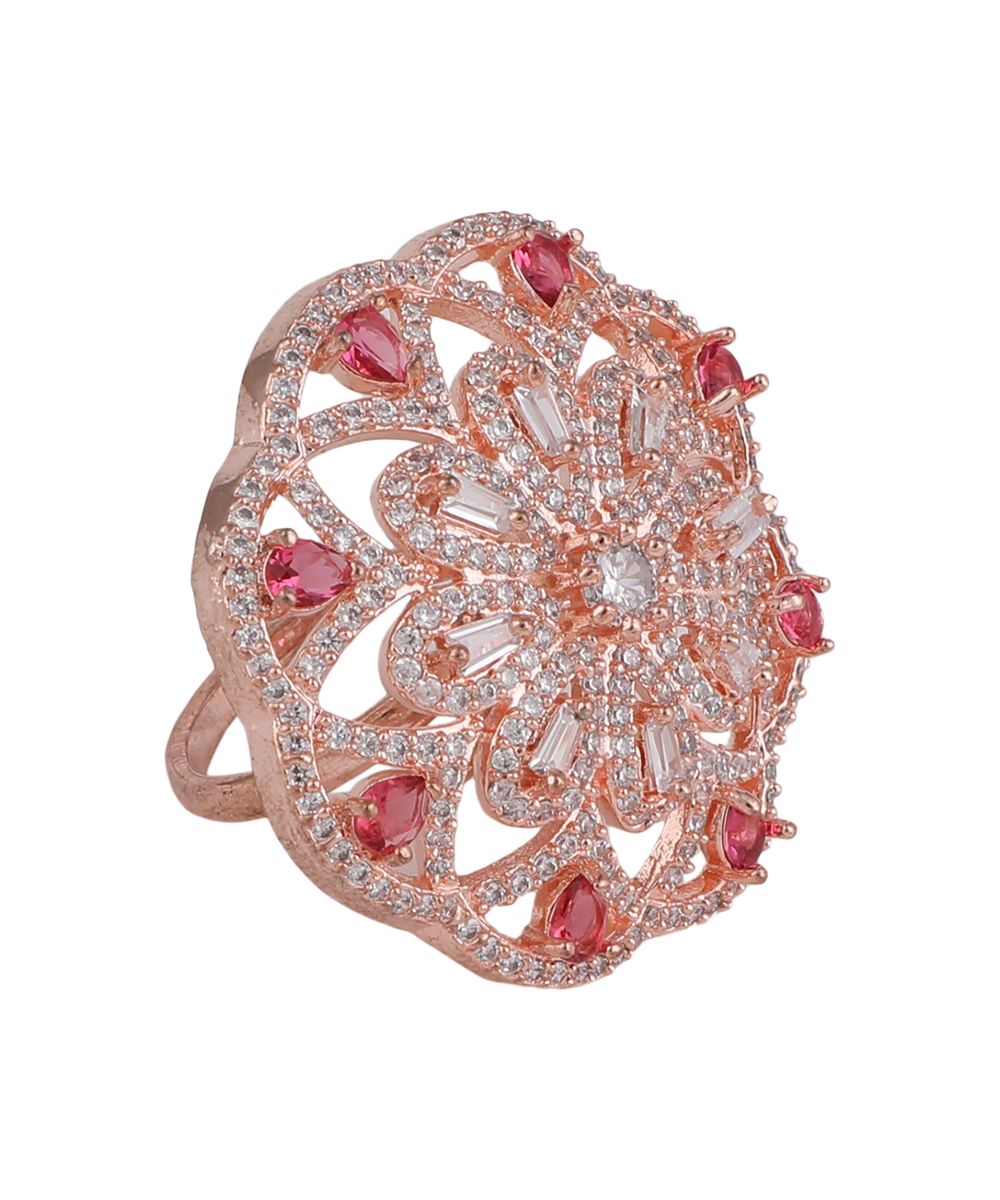 Women's Statement American Diamond Studded Rose Gold Floral Shaped Ruby Stone Cocktail Ring - MODE MANIA
