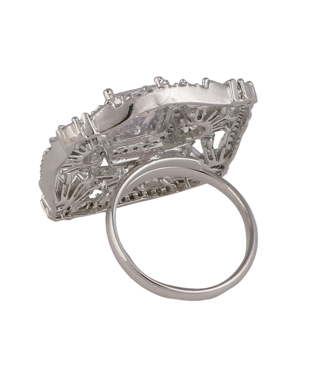 Women's Statement American Diamond Studded Silver Symmentrical Shaped Cocktail Ring - MODE MANIA