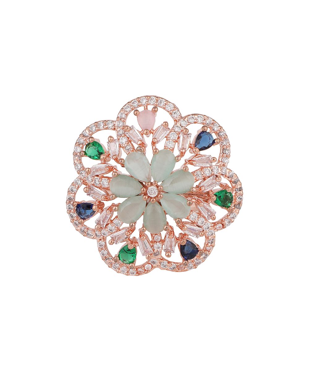 Women's Rose Gold Plated Floral Shaped Multicolor American Diamond Studded Cocktail Ring - MODE MANIA
