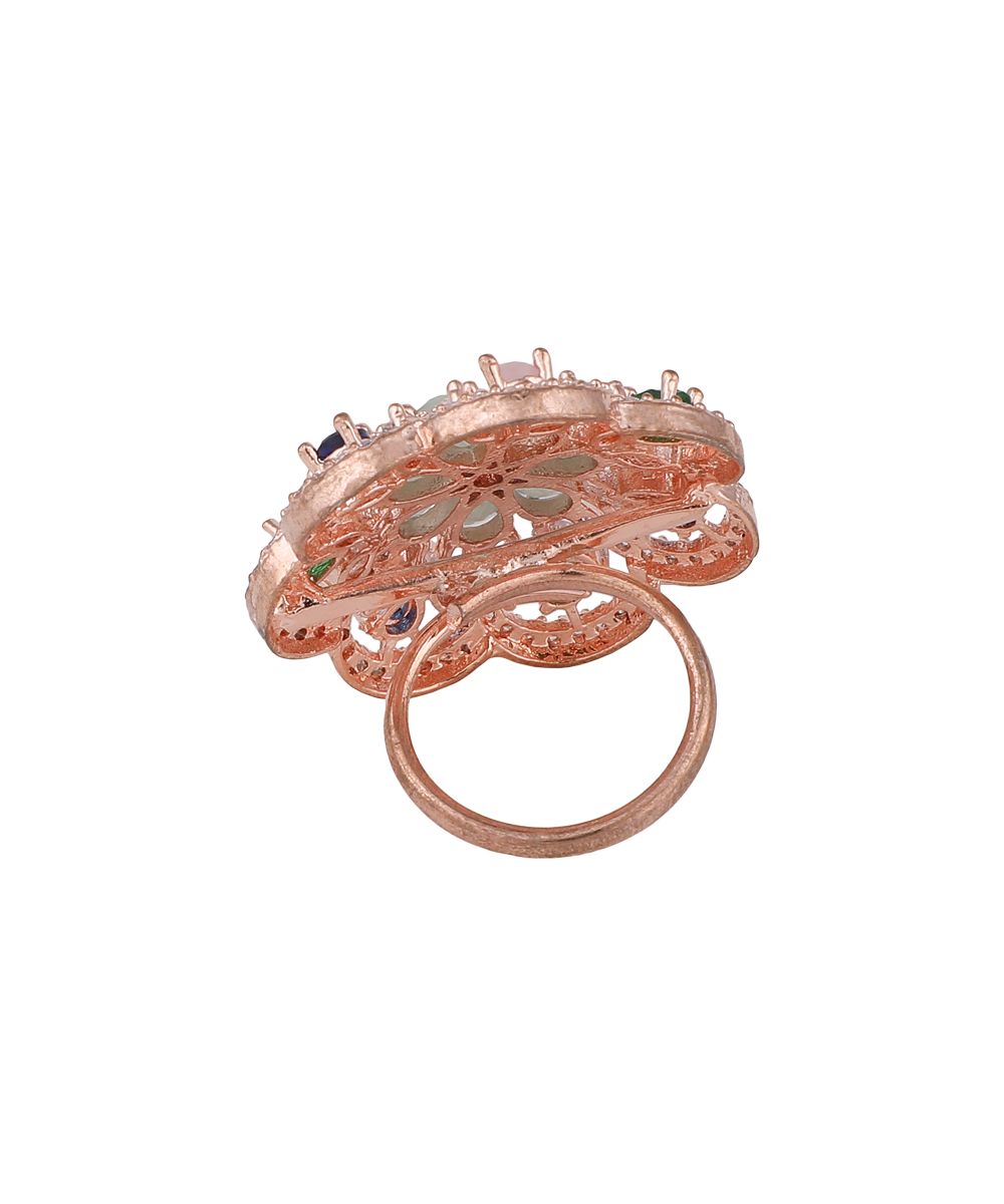 Women's Rose Gold Plated Floral Shaped Multicolor American Diamond Studded Cocktail Ring - MODE MANIA