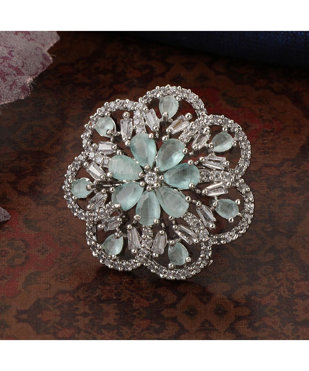 Women's Contemporary American Diamond Studded Silver Plated Floral Shaped Green colored Stone Cocktail Ring - MODE MANIA