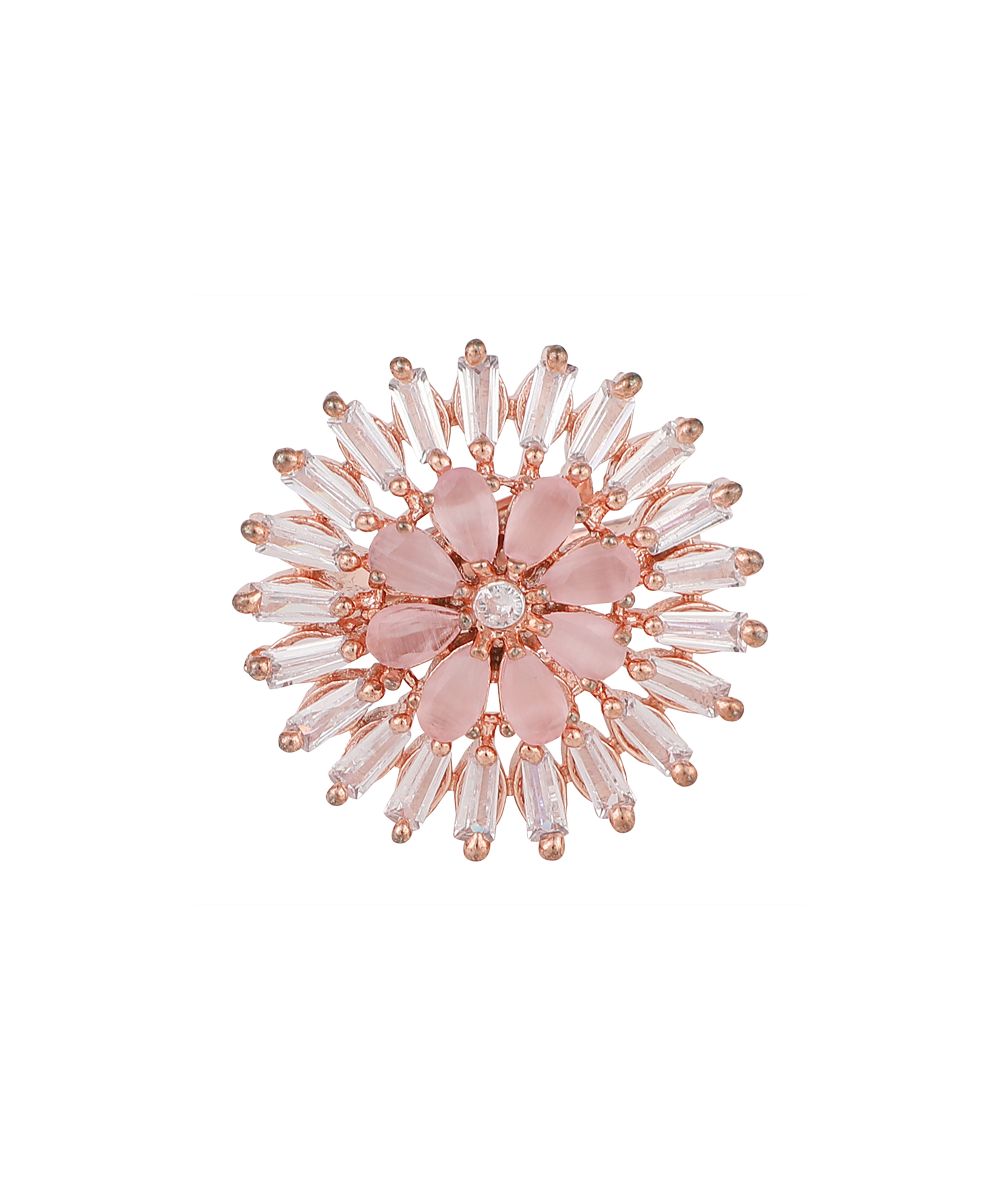 Women's Contemporary Rose Gold American Diamond Floral Shaped Pink colored Stone Statement Cocktail Ring - MODE MANIA