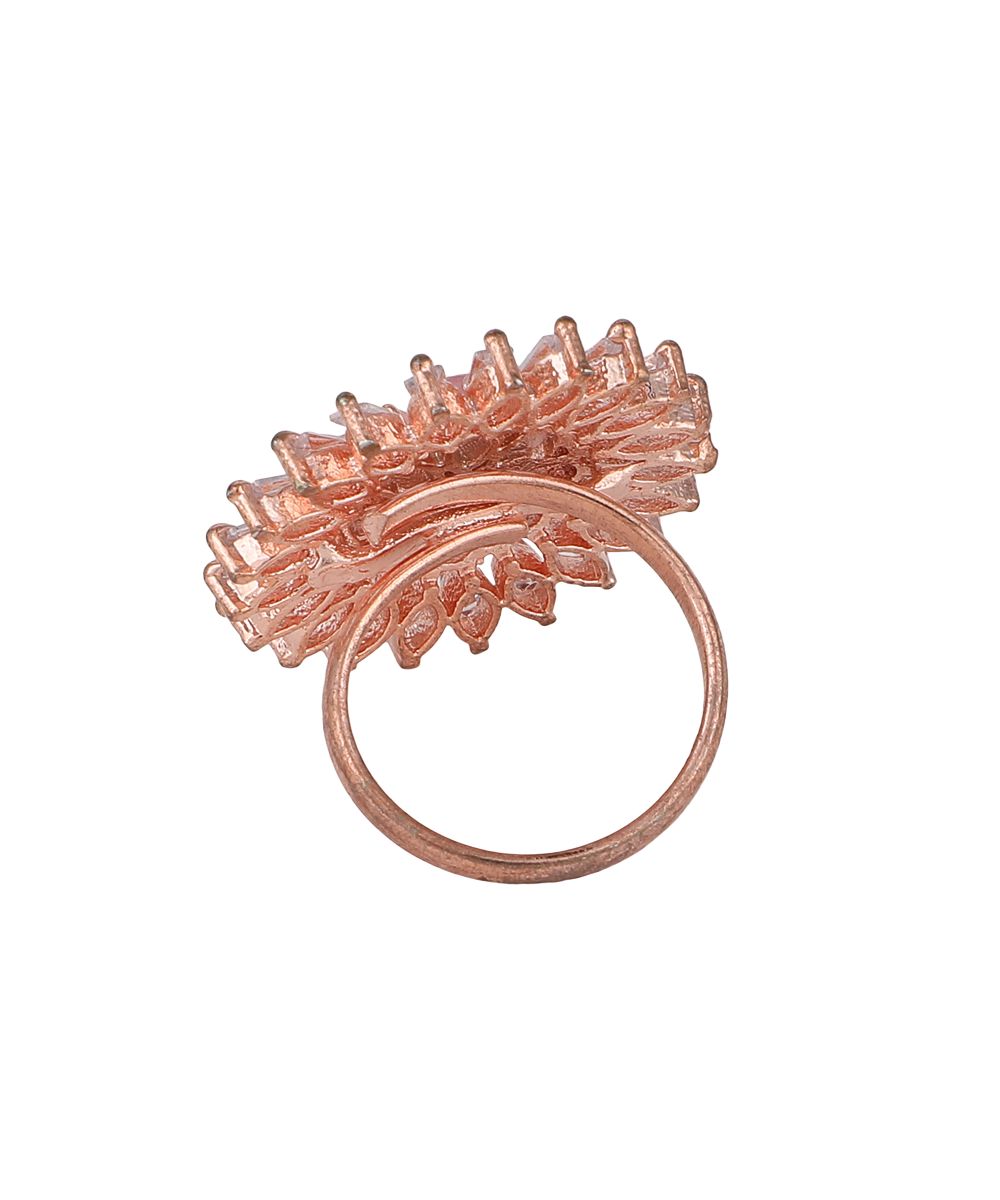 Women's Contemporary Rose Gold American Diamond Floral Shaped Pink colored Stone Statement Cocktail Ring - MODE MANIA