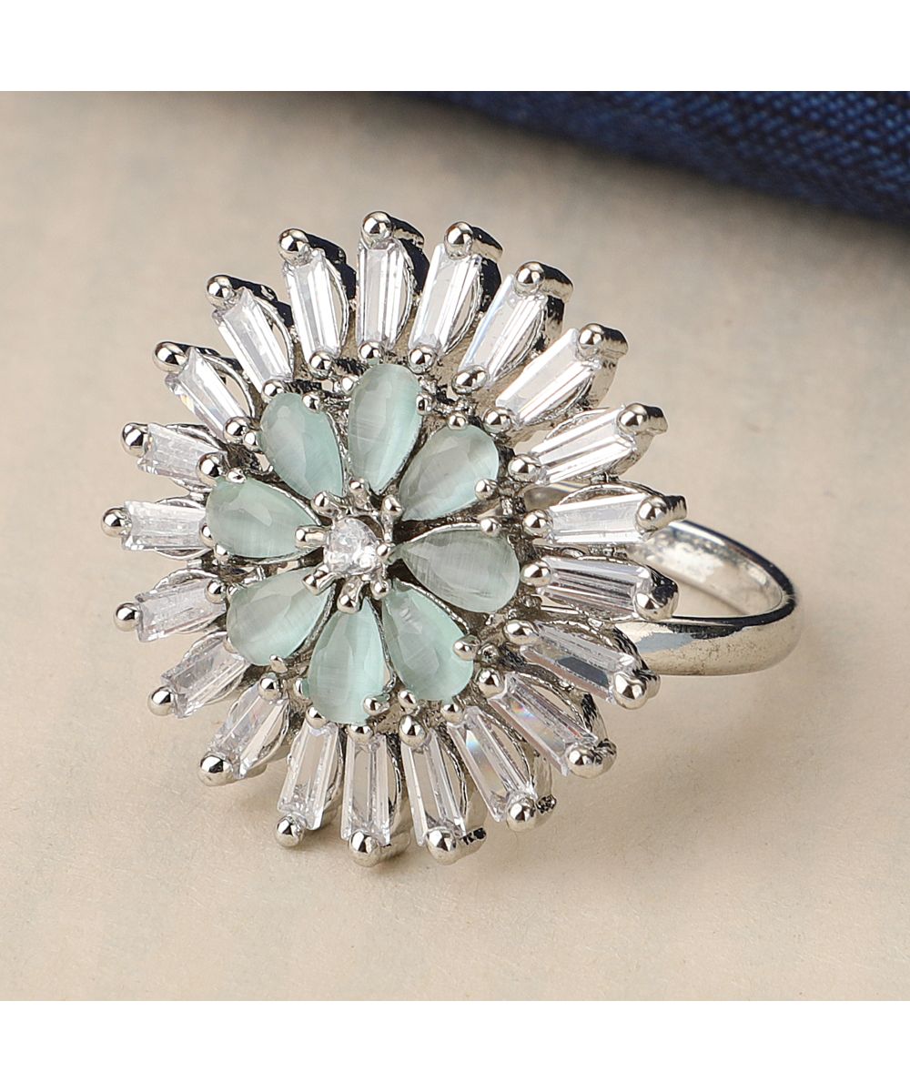 Women's Contemporary Silver Plated American Diamond Floral Shaped Green colored Stone Statement Cocktail Ring - MODE MANIA