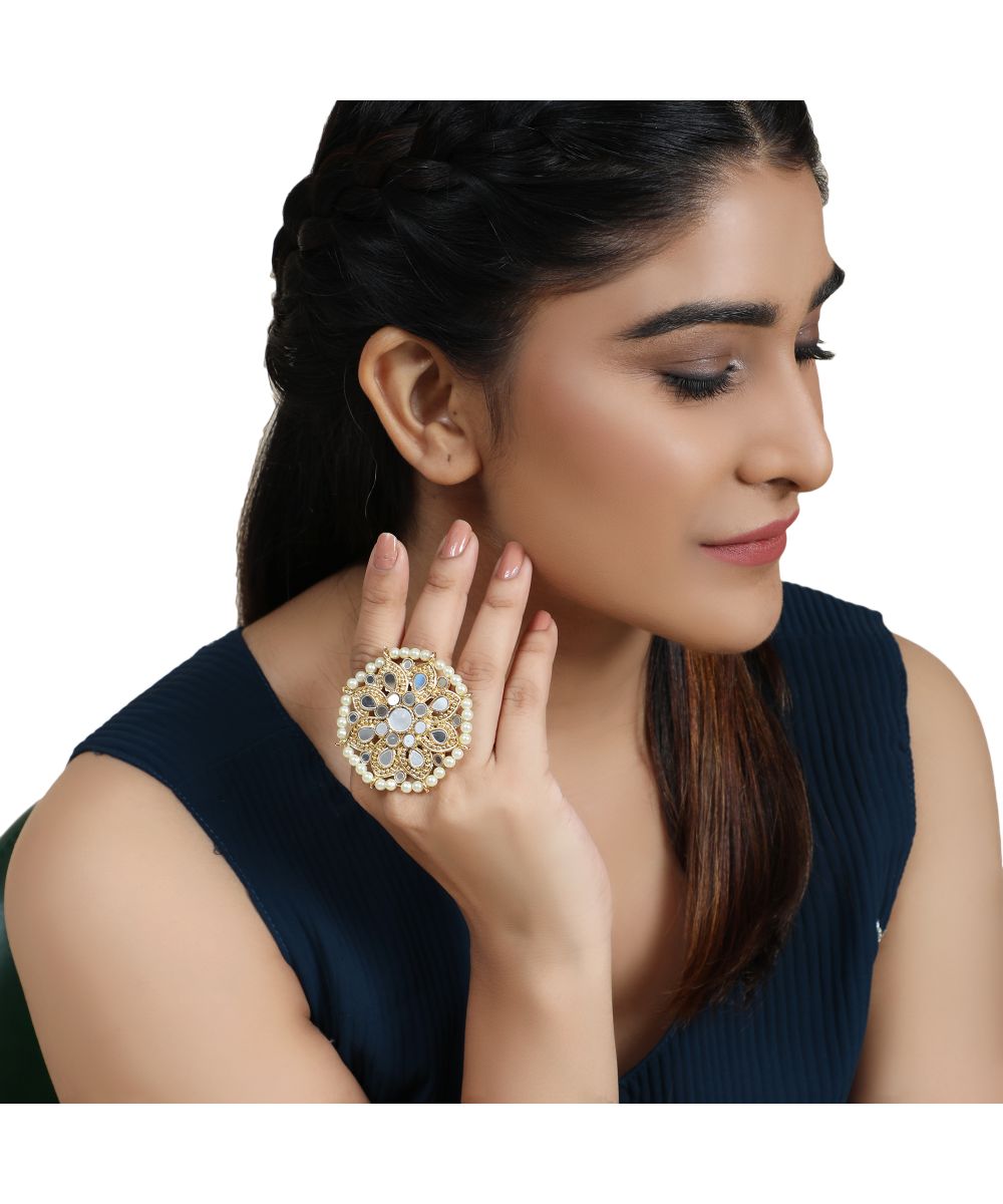 Women's Gold Plated Mirror and Pearl Studded Floral Shaped Ethnic Cocktail Ring - MODE MANIA