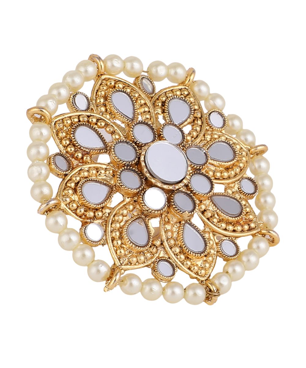 Women's Gold Plated Mirror and Pearl Studded Floral Shaped Ethnic Cocktail Ring - MODE MANIA