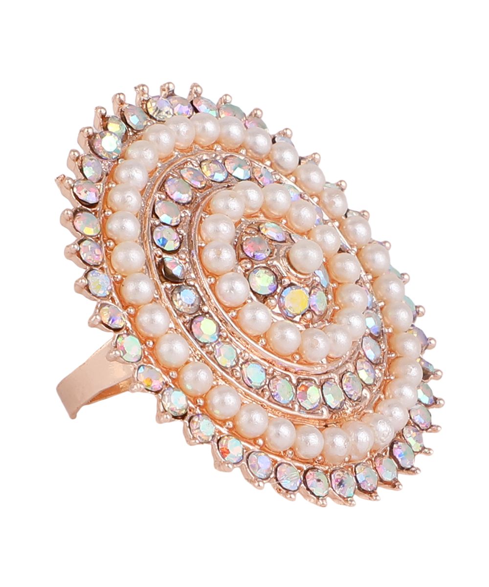 Women's Rose Gold Stone and Pearl Studded Round Shaped Cocktail Ring - MODE MANIA