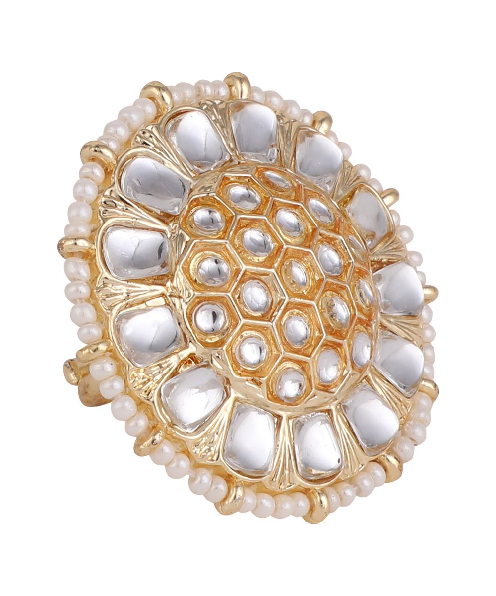 Women's Ethnic Gold Plated Kundan and Pearl Studded Statement Cocktail Ring - MODE MANIA
