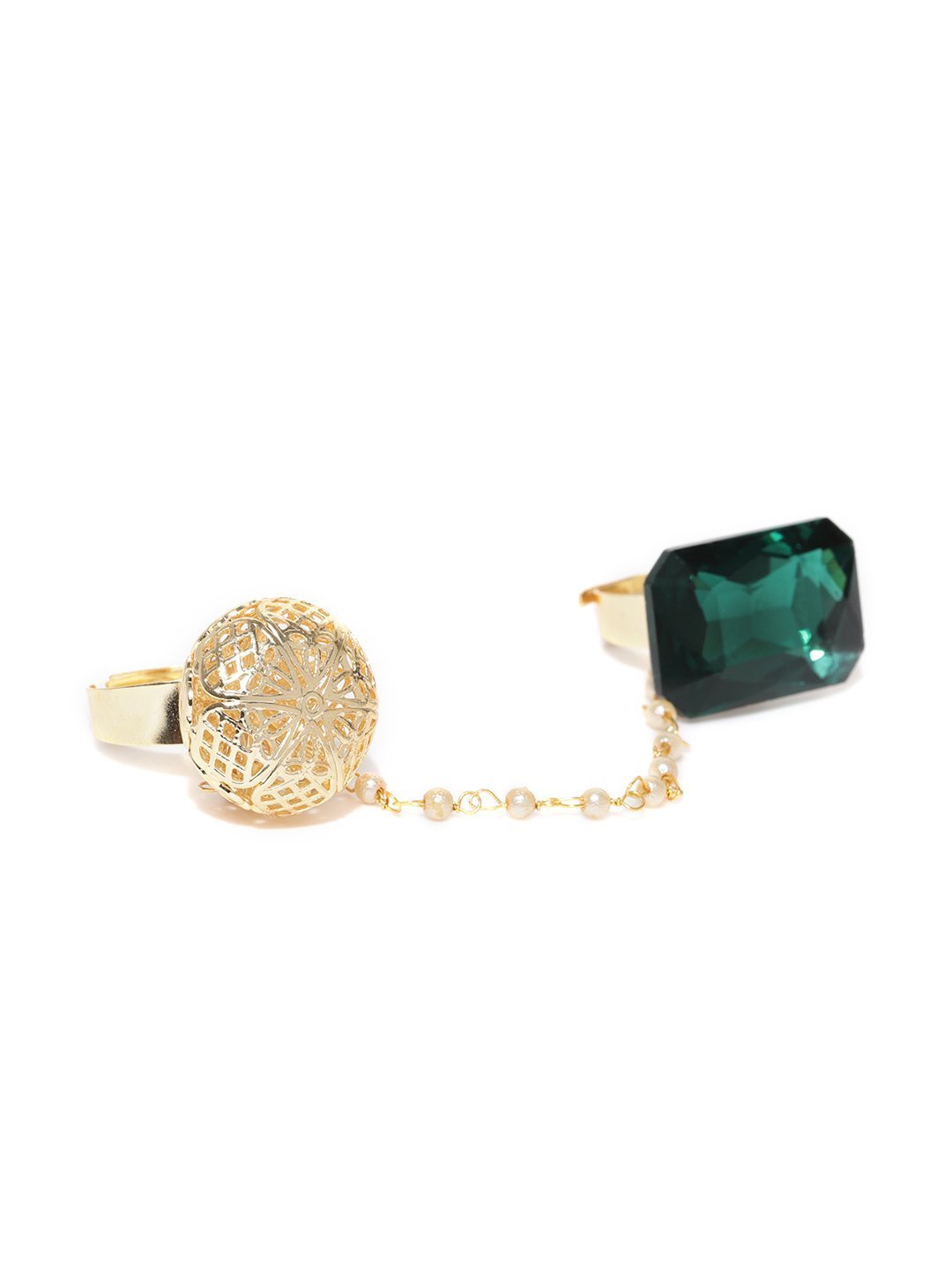 Women's Gold-Toned And Green Stone-Studded Dual Finger Adjustable Finger Ring For Women And Girls - Priyaasi