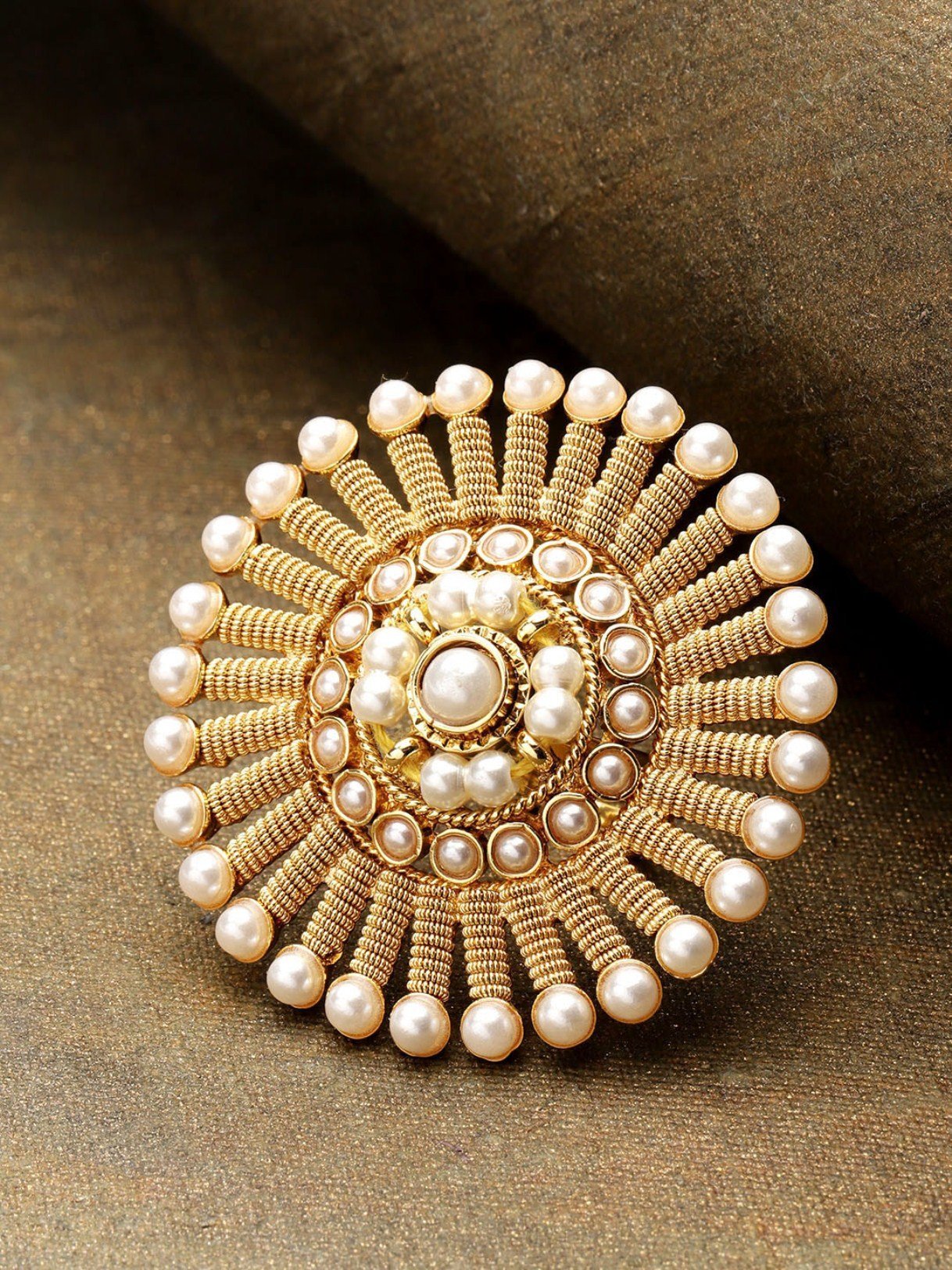 Women's Gold-Plated Pearls Studded Adjustable Ring in Floral Pattern - Priyaasi